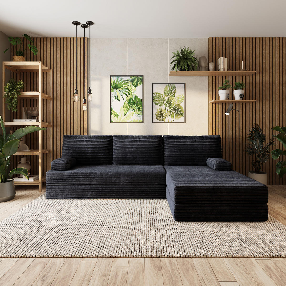 ECKSOFA ANKO modulares Boneless Sofa mit Schlaffunktion Schwarz Kordstoff - Schwarz, Textil (270/160cm) - MASSENO