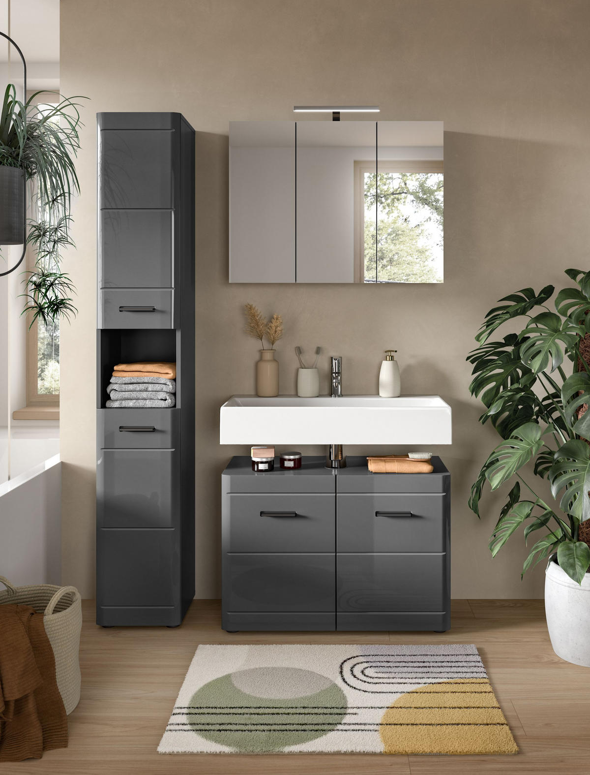 WASCHBECKENUNTERSCHRANK SOFT (B/H/T: ca. 80/56/34 cm) in grau/grau hochglanz - Grau, Holzwerkstoff (80/56/34cm)