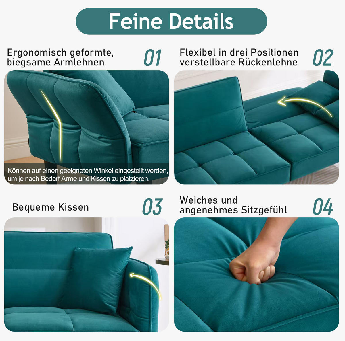 SCHLAFSOFA mit Samtbezug und klappbaren Armlehnen in Antik Blaugrün - Grün, Textil (78/76/176cm) - BEAOK