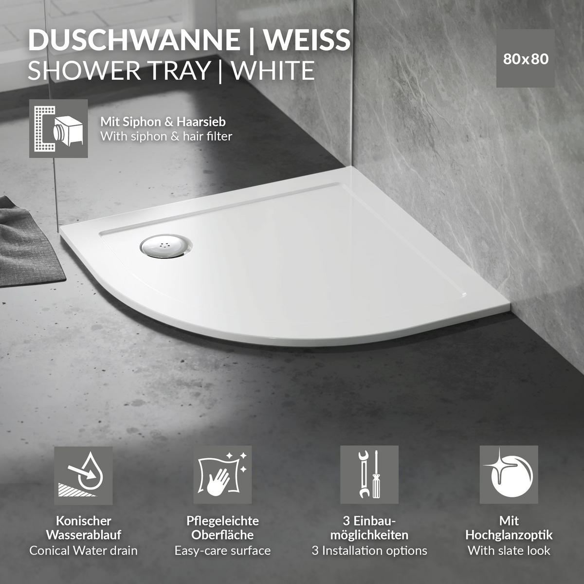 DUSCHWANNE 80x80 cm rund Weiß Duschtasse mit Ablaufgarnitur - Weiß, Kunststoff (80/4/80cm) - LuxeBath