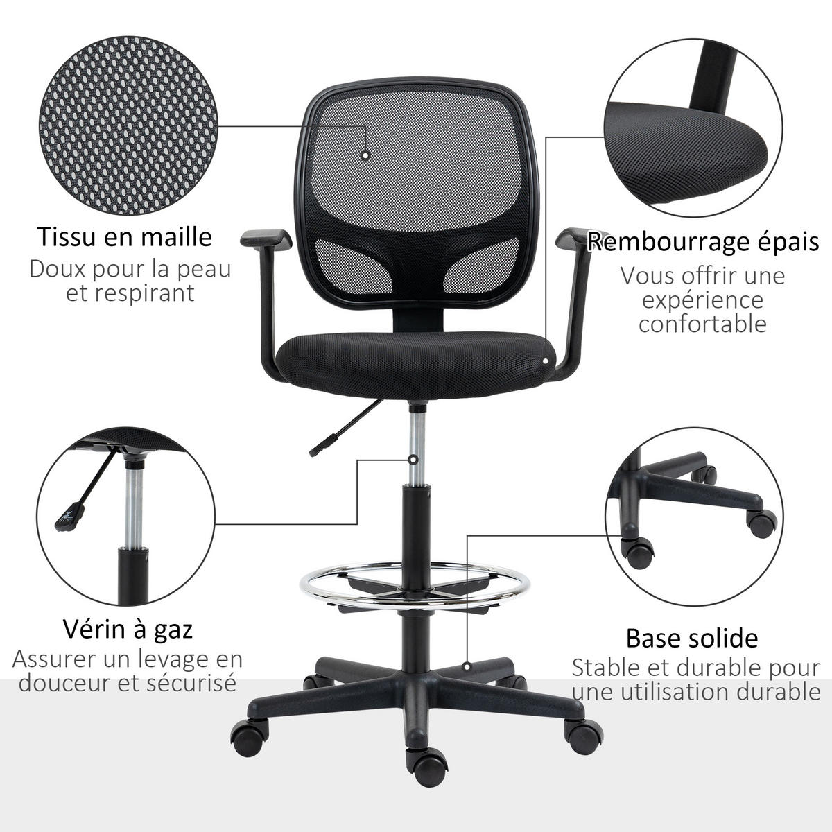 BÜROHOCKER DE-11790 60x56x110-132 cm Schwarz - Schwarz, Metall (56/132/60cm) - ComfortXL