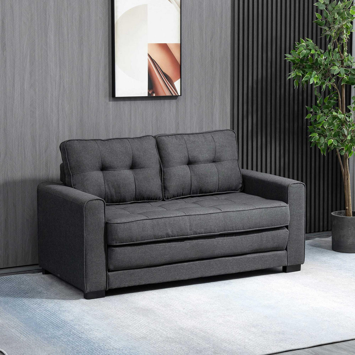 SCHLAFSOFA Klappsofa 2-Sitzer Sofa mit Schlaffunktion Leinen-Touch Holz Grau - Schwarz/Grau, Holz/Textil (75/85/147.5cm) - HOMCOM