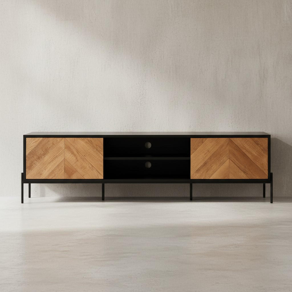 LOWBOARD Modern Stil mit V-Muster für 70-Zoll Fernseher - Schwarz, Holz/Metall (163/45/40cm) - KADIMA DESIGN