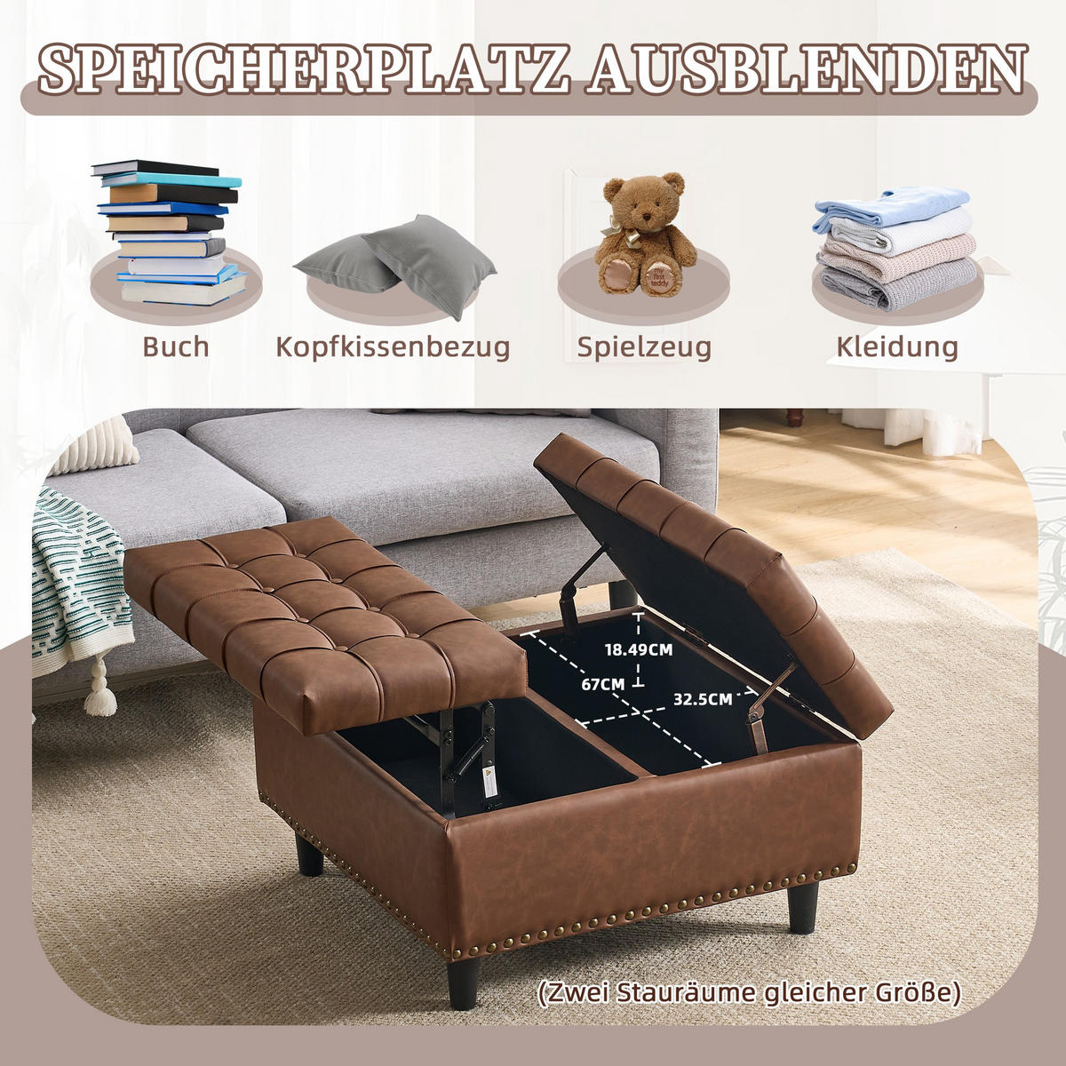HOCKER Couchtisch,Aufbewahrungsstuhl,höhenverstellbar,PU-Leder,Braun - Braun, Metall (75/41/75cm) - LVHOM