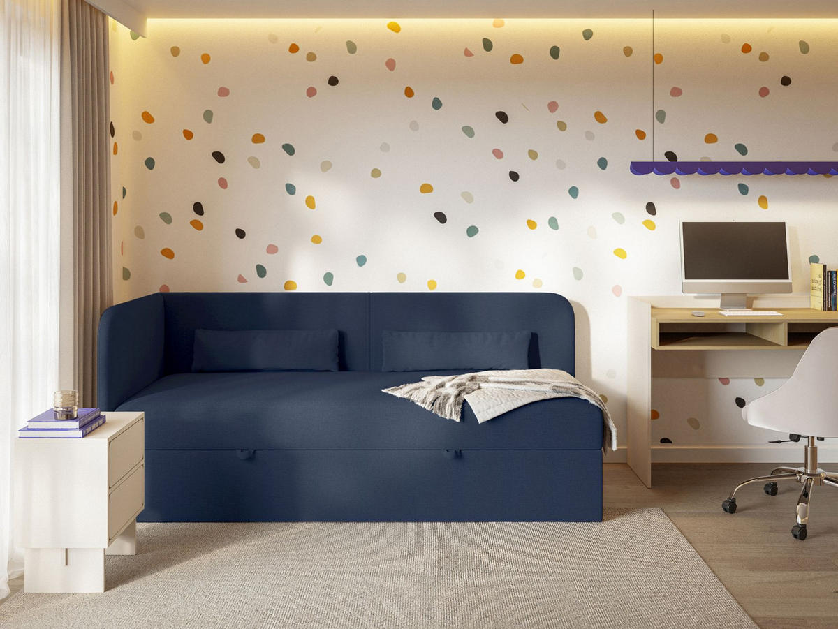 JUGENDBETT Calmmo Dunkelblau mit Chenille-Bezug, Kopfteil links - Dunkelblau, Textil (90/200cm) - Selsey