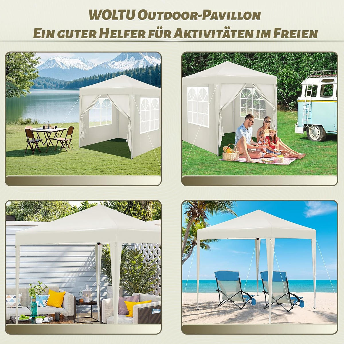 PAVILLON 2x2m mit 4 Seitenwänden UPF 50+ UV Schutz Beige - Beige, Kunststoff/Metall (200/240/200cm) - Woltu