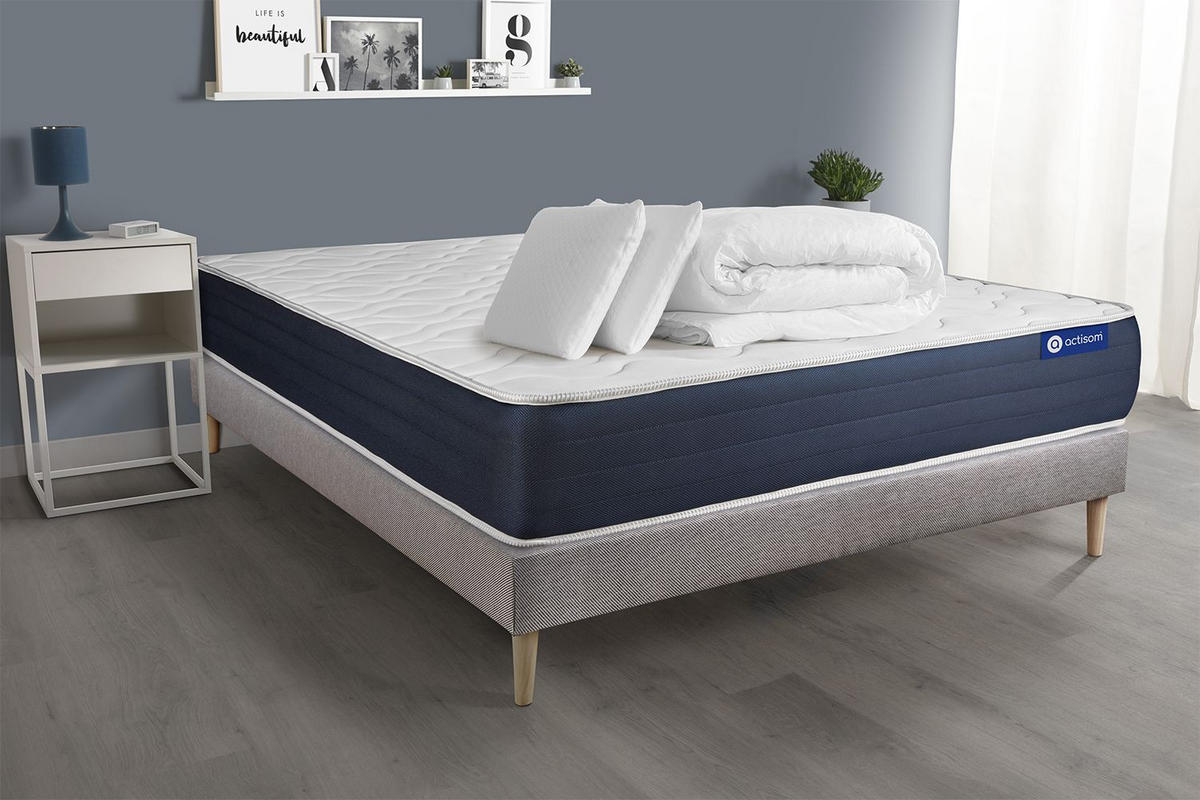 BETT Actiflex sleep Taschenfederkern und Memory-Schaum 140 x 200 cm h2 - Kit Bettgestell Grau - Mit Kissen und Bettdecke - Beige/Grau, Holz/Textil (140/200cm) - ACTISOM
