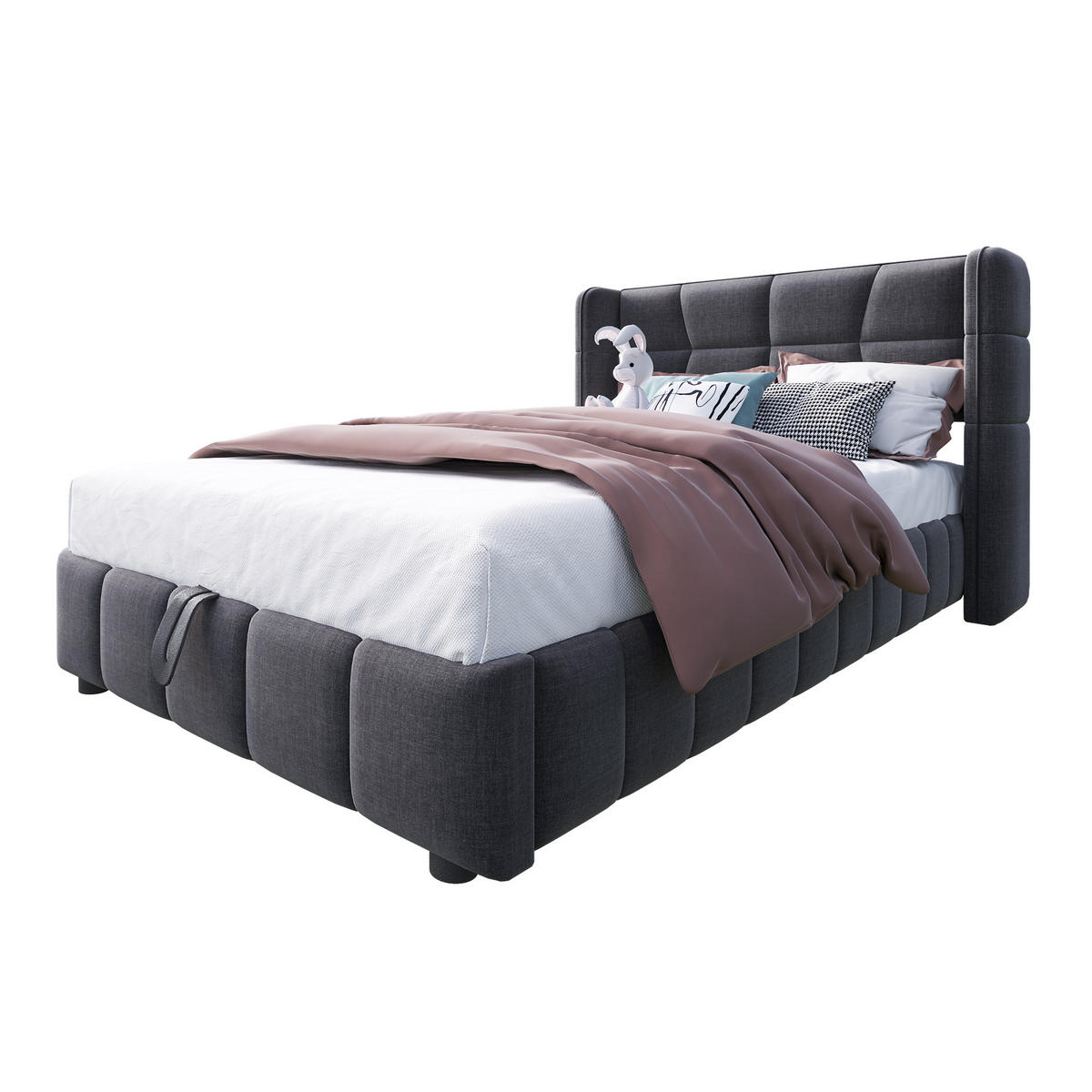 POLSTERBETT 90/200 cm grau aus Stoff mit Stauraum und Hebemechanismus - Grau, Textil (90/200cm) - OKWISH