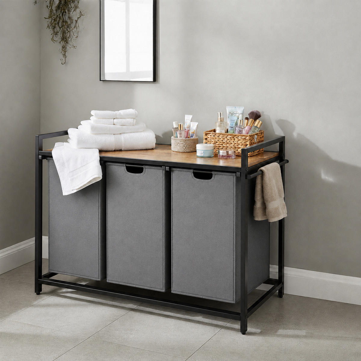 KOŠARA Siva za rublje 3 pretinca s policom 73,5x109,5x33 cm - višebojno, drvni materijal/tekstil (109.5/73.5/33cm) - Relaxdays