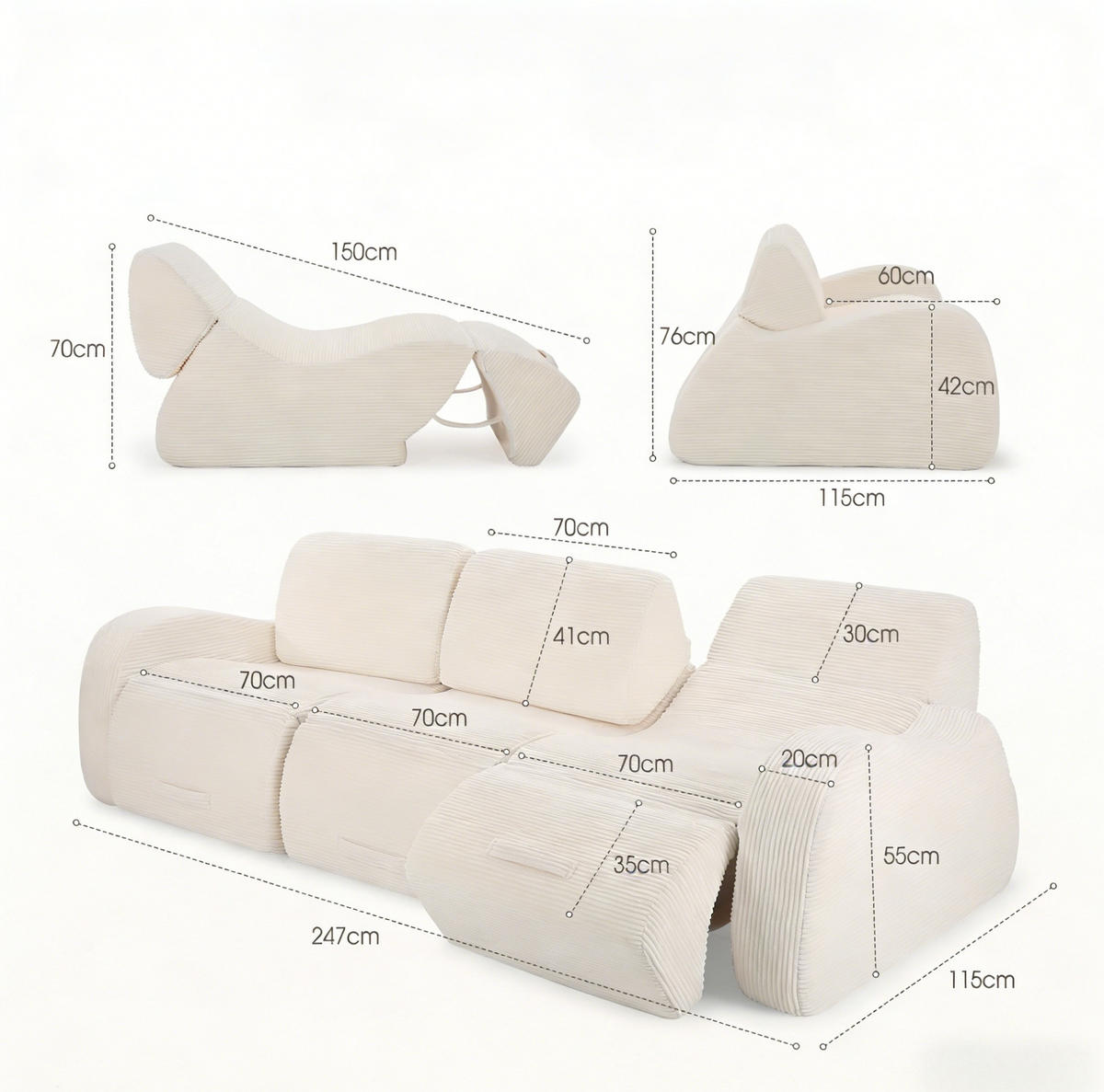SOFA modular mit Schlaffunktion Cord Beige 3-tlg. - Beige, Kunststoff (115/76/247cm) - Meubliv