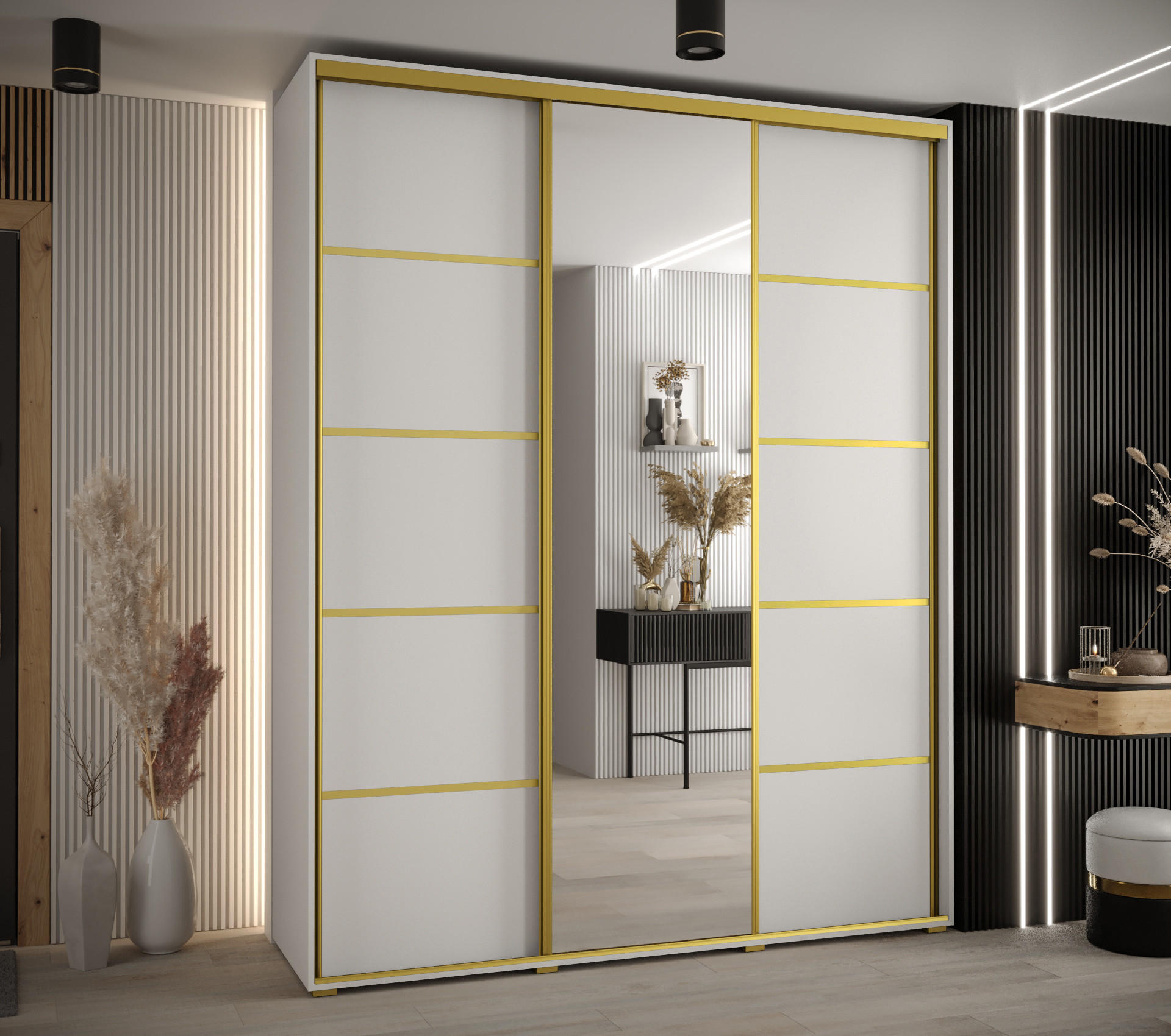 SCHWEBETÜRENSCHRANK 235,2/180/45 3-türig - Goldfarben/Weiß, Holz/Metall (180/235/45cm) - Abiks Möbel