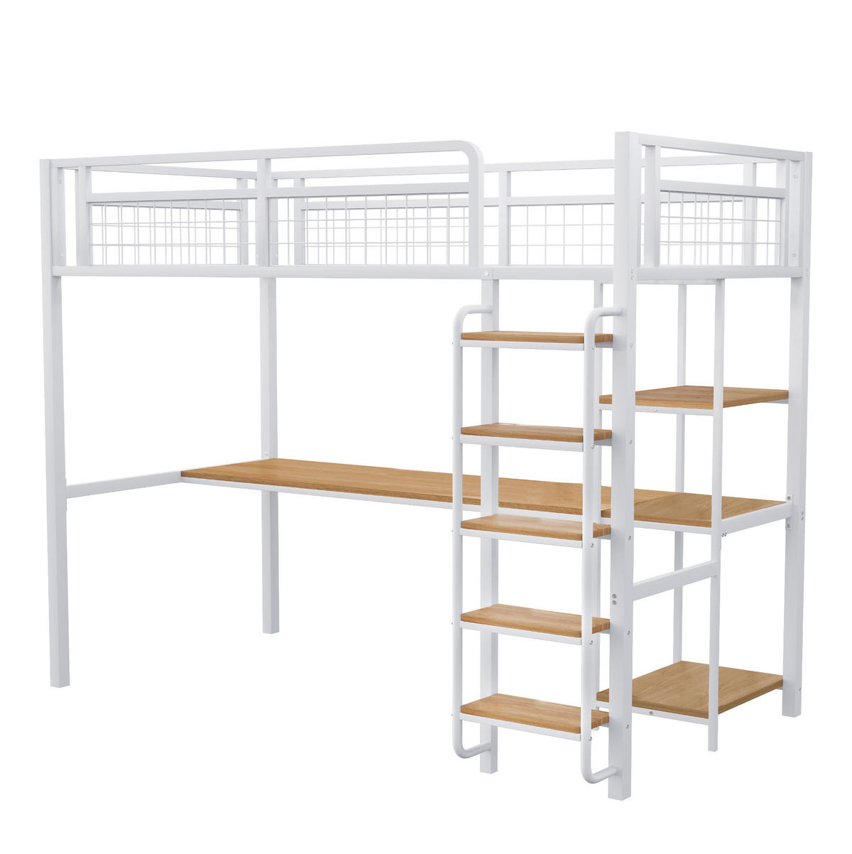 HOCHBETT 90/200 cm in Weiß mit Schreibtisch, Regalen und Sicherheitsleiter - Weiß, Metall (90/200cm) - Flora Grace