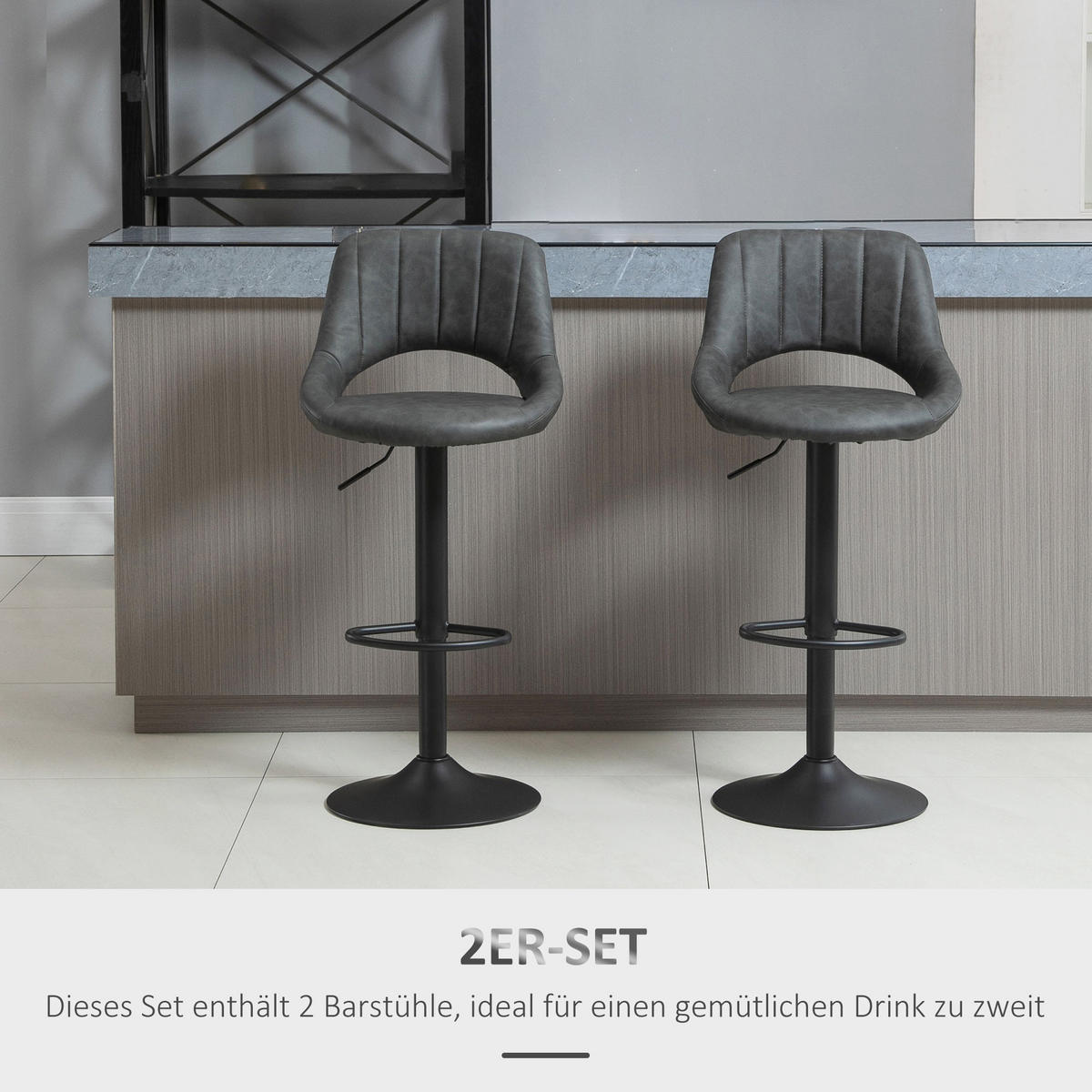 BARHOCKER 2er-Set Grau 52.0/47.0/109.0 cm - Grau, Leder (47/109/52cm)