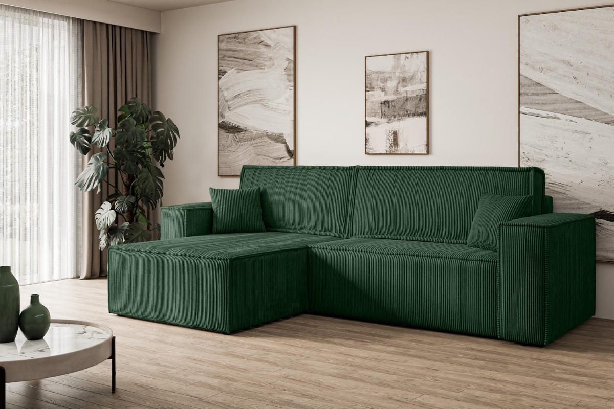 ECKSOFA mit Schlaffunktion und Bettkasten CELTIC-XL - 277x143x83 cm Grün Cord - Schwarz/Grün, Holzwerkstoff/Kunststoff (277/143cm) - ALTDECOR