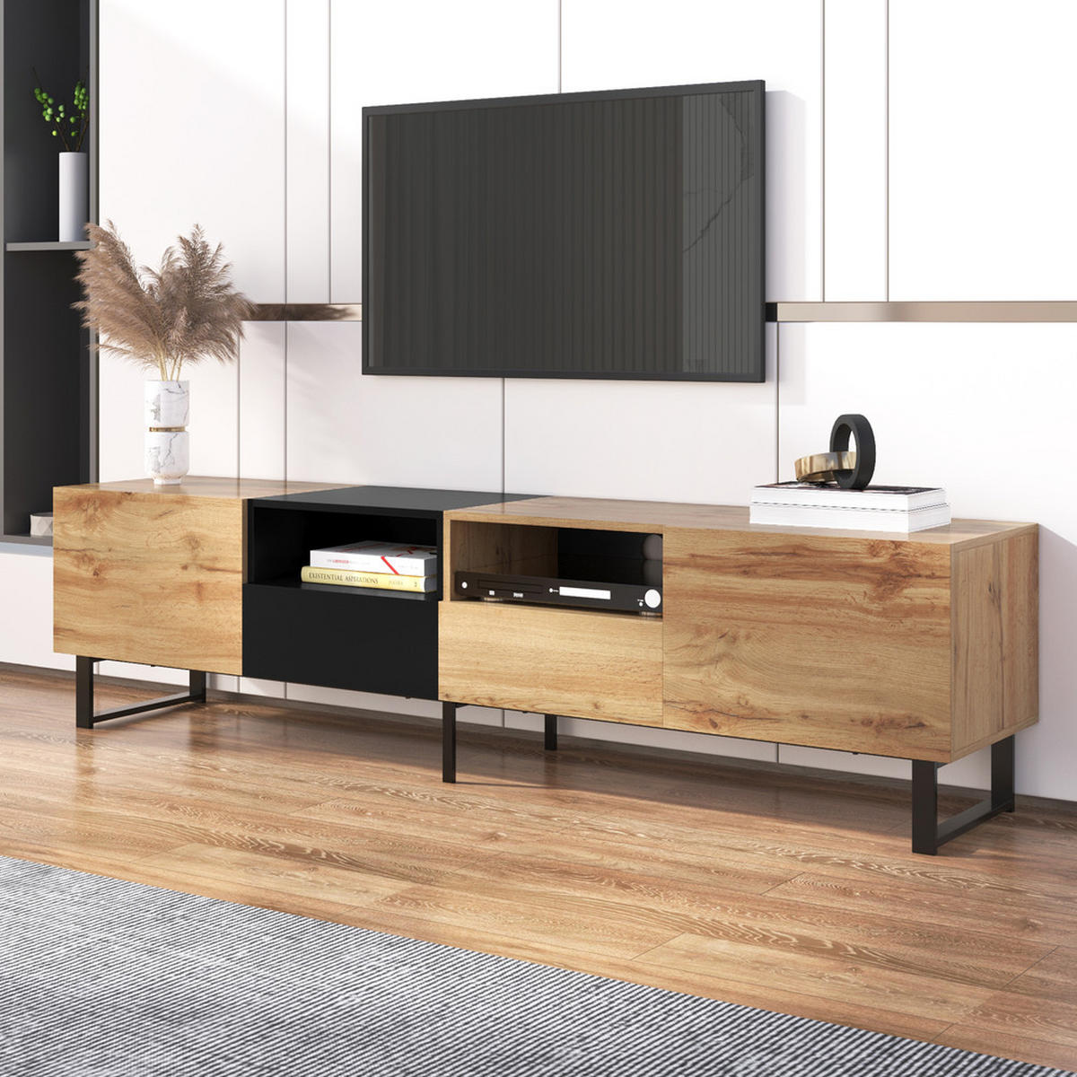 TV-STÄNDER Modern Schwarz & Holzfarbe geräumiger Stauraum robust - Braun, Holz (43.5/23/61.5cm) - FLIEKS