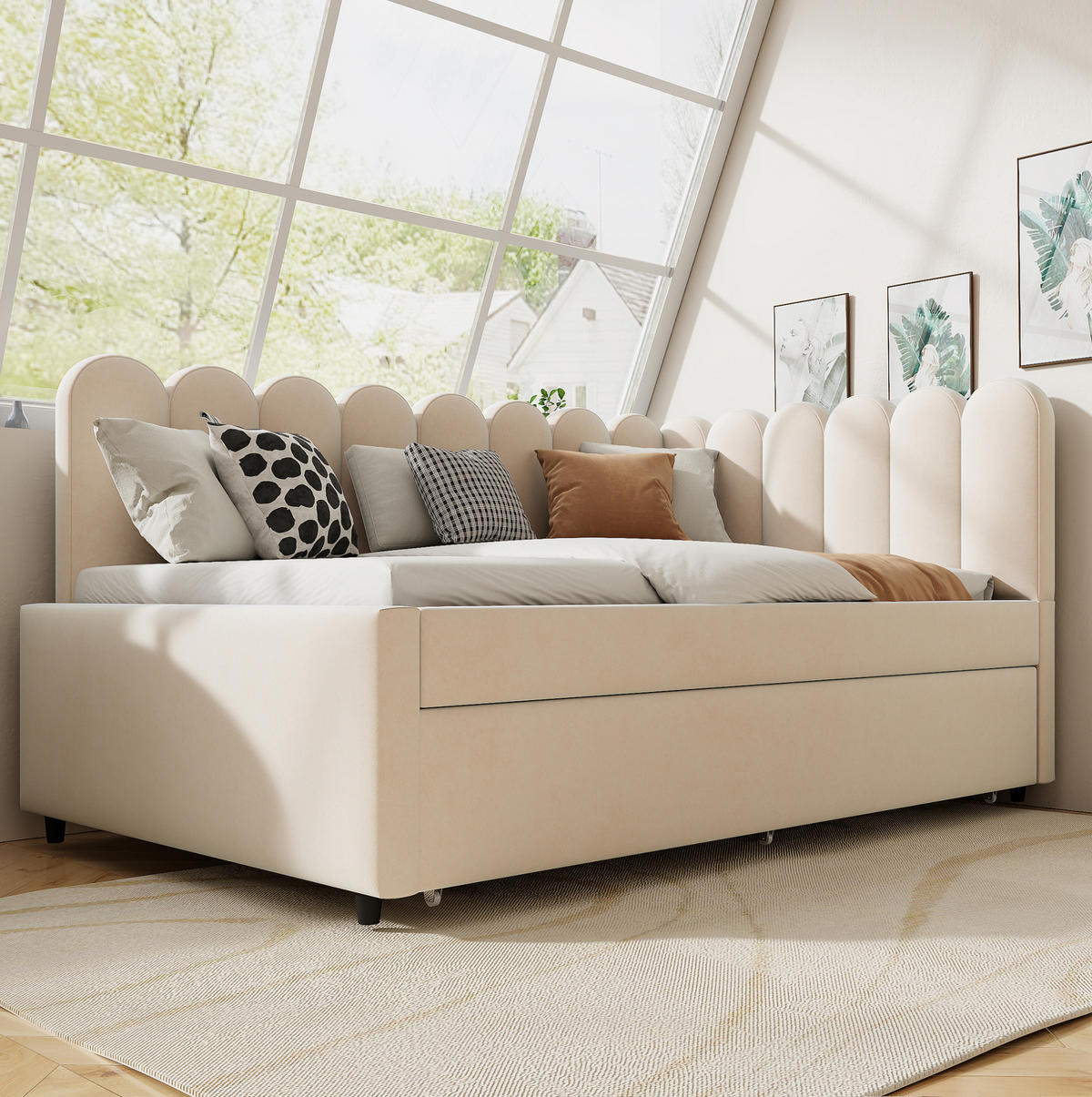 POLSTERBETT 140/200 cm aus Samt mit Ausziehbett, Beige - Beige, Textil (140/200cm) - OKMYHOME