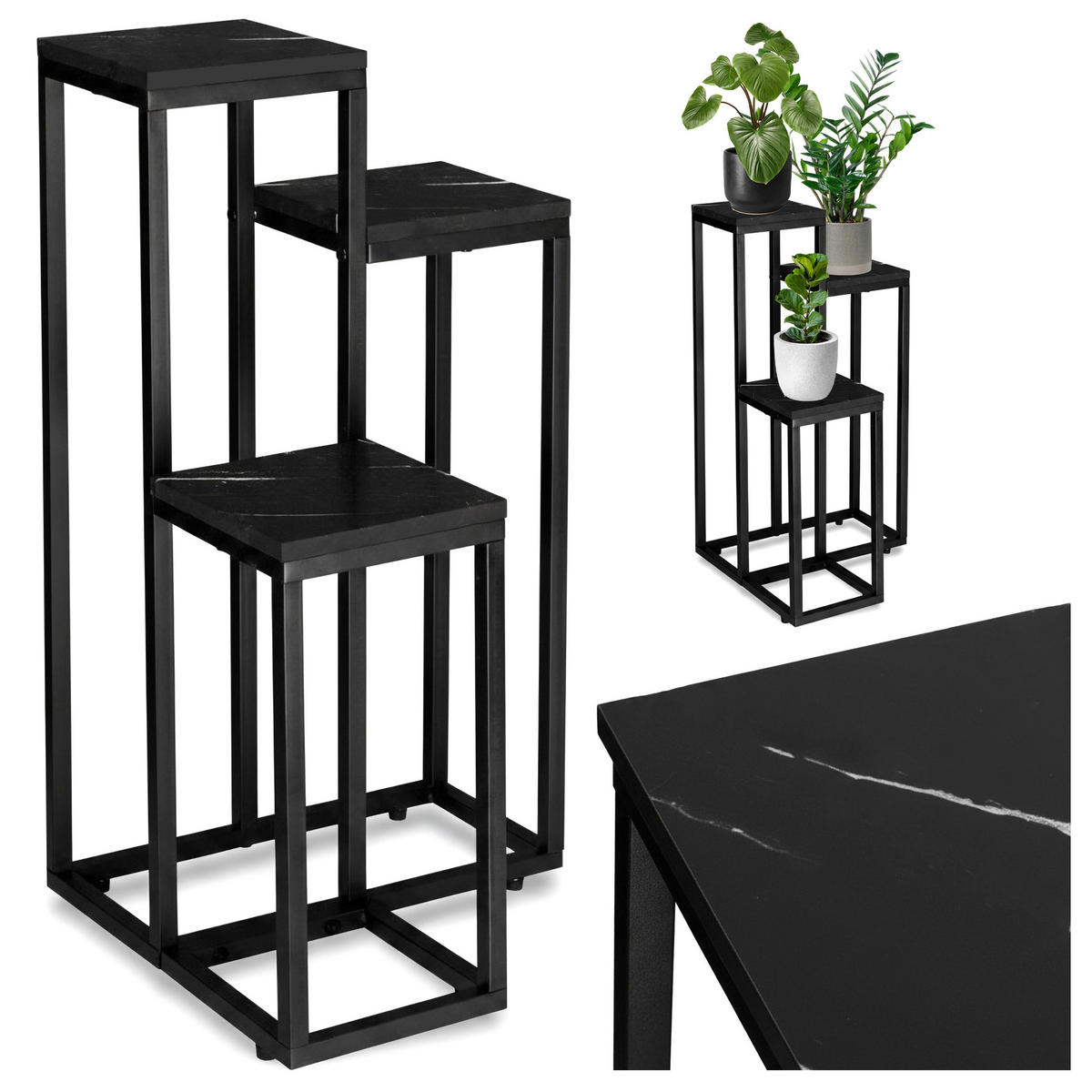 BLUMENSTÄNDER mit 3 Ablagen - Schwarz Hochglanz, Metall (34/34/67cm) - Mat-Haus