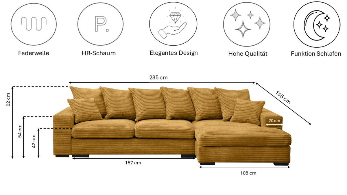 ECKSOFA Mit Schlaffunktion Und Bettkasten Couch L-form Gabon Stoff Zoom Gelb Rechts - Gelb, Holz (285/155cm) - Kaiser Möbel