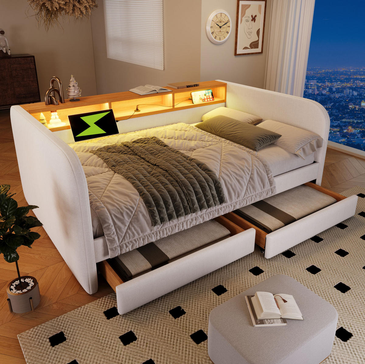 POLSTERBETT 140/190 cm Beige aus Leinen mit LED und Schubladen - Beige, Textil (140/190cm) - OKMYHOME