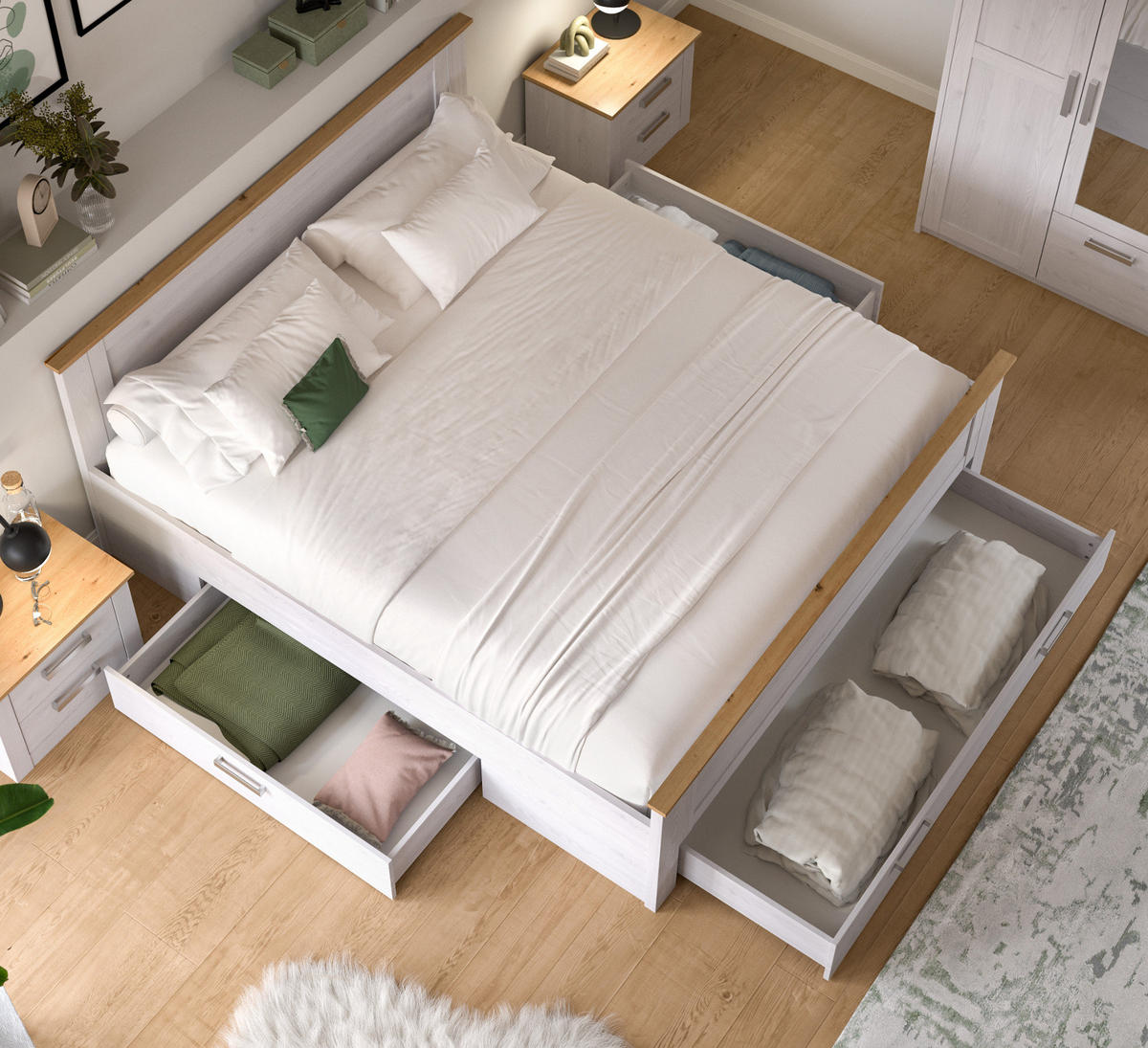 SCHLAFZIMMER weiß Lärche, Eiche Artisan Landhaus Set mit Bett inklusive Bettschubkästen, 2x Nachttisch - Eichefarben/Silberfarben, Holzwerkstoff/Kunststoff (180/200cm) - Inn.Furn