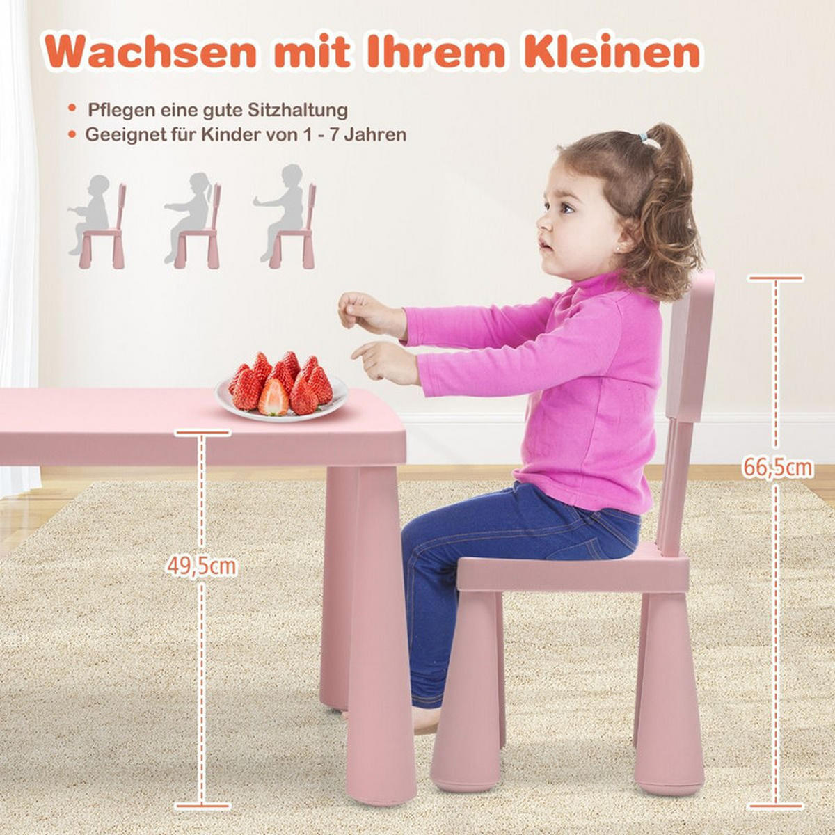 KINDERTISCH mit 2 Stühlen rosa(3-tlg) - Pink, Kunststoff (76.5/49.5/54.5cm) - COSTWAY
