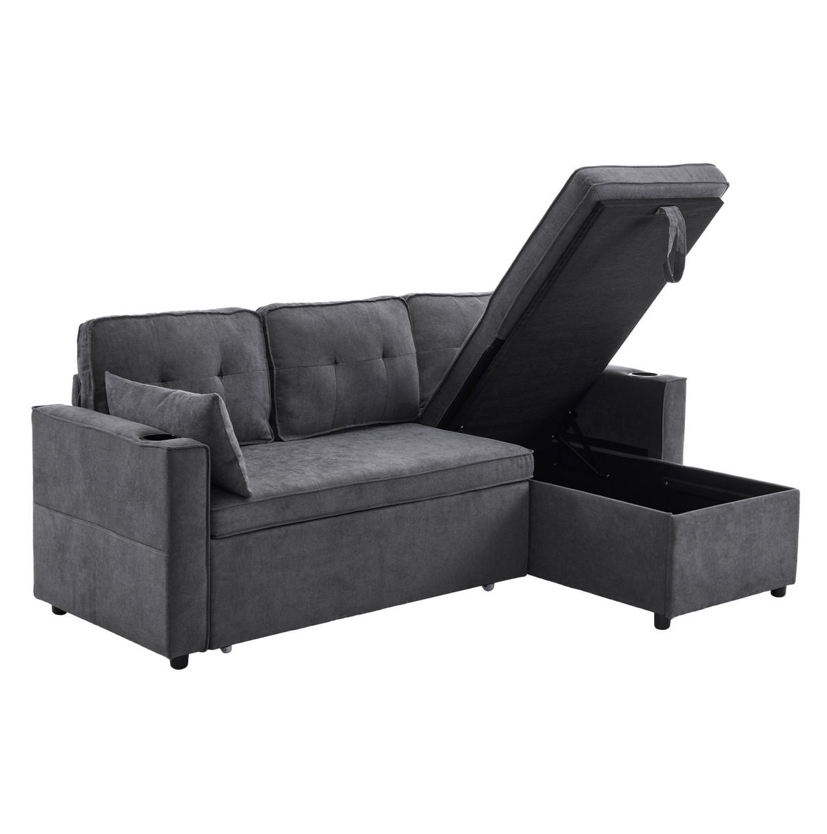 SCHLAFSOFA aus Baumwoll-Leinenstoff 211x130x86 cm Grau mit Stauraum, wechselbarer Chaiselongue und Getränkehaltern - Grau, Textil (211/86/129.5cm) - Modfu