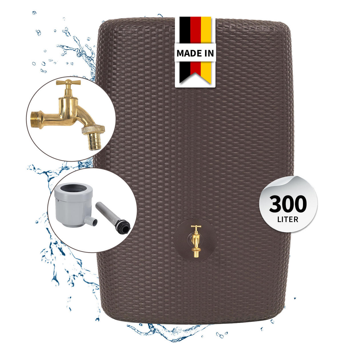 WANDTANK Komplett-Set 300 L mocca inkl. Messing-Auslaufhahn und Fallrohranschluss - Mokka, Kunststoff (40/118/80cm) - GARANTIA