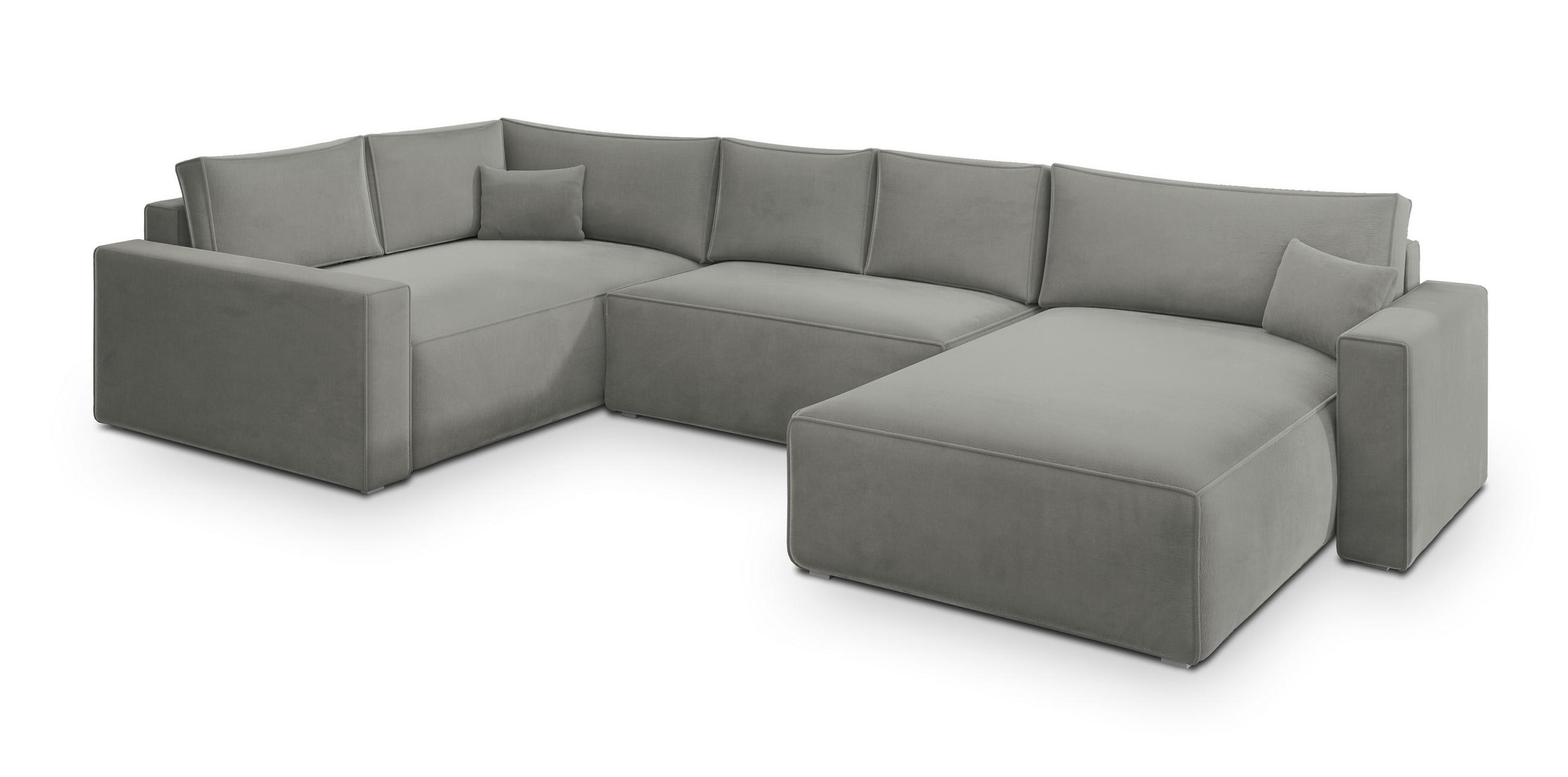 WOHNLANDSCHAFT VELAMI L-S Hellgrau Velours-Stoff mit Schlaffunktion - Hellgrau, Holz (365/83/194cm) - MASSENO