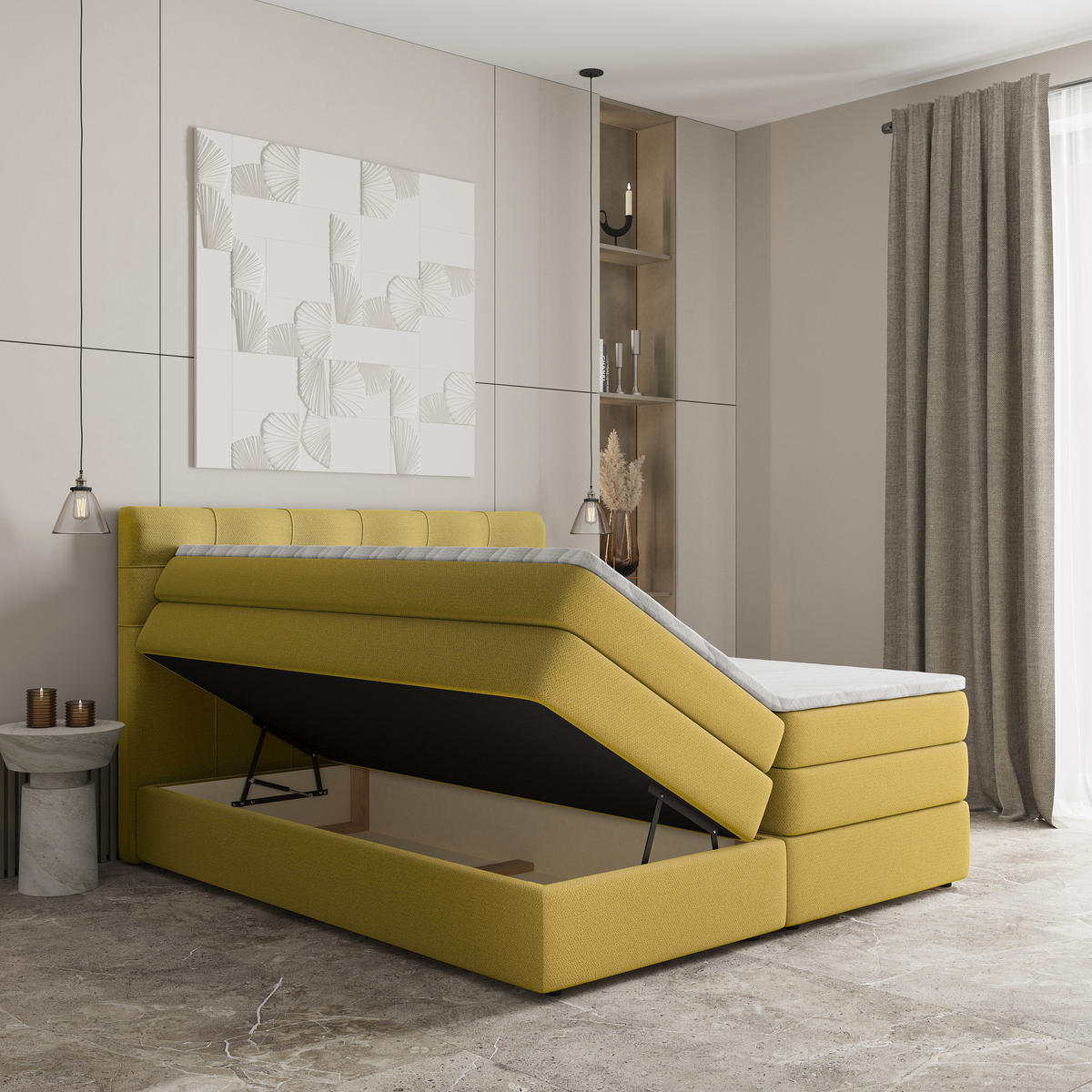 BOXSPRINGBETT AREZI 160x200 cm mit Matratze und Topper - Gelb - Gelb, Holz (160/200cm) - MASSENO