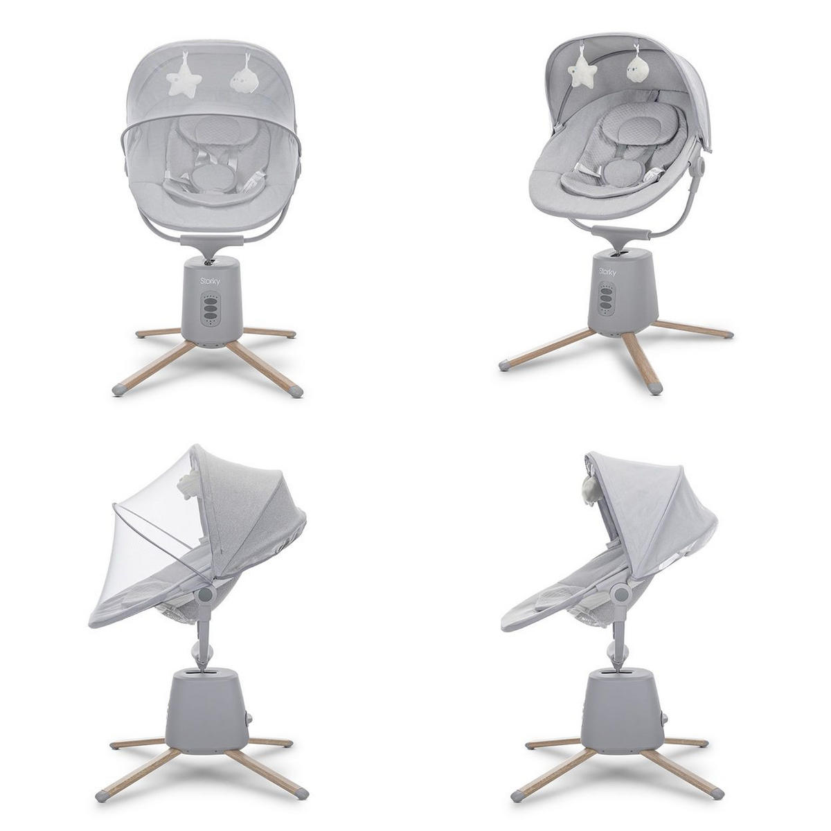 BABYWIPPE Storky grau Bluetooth, Fernbedienung, Timer, 5-Punkt-Gurt, Holzoptik-Füße - Grau, Metall - Lorelli