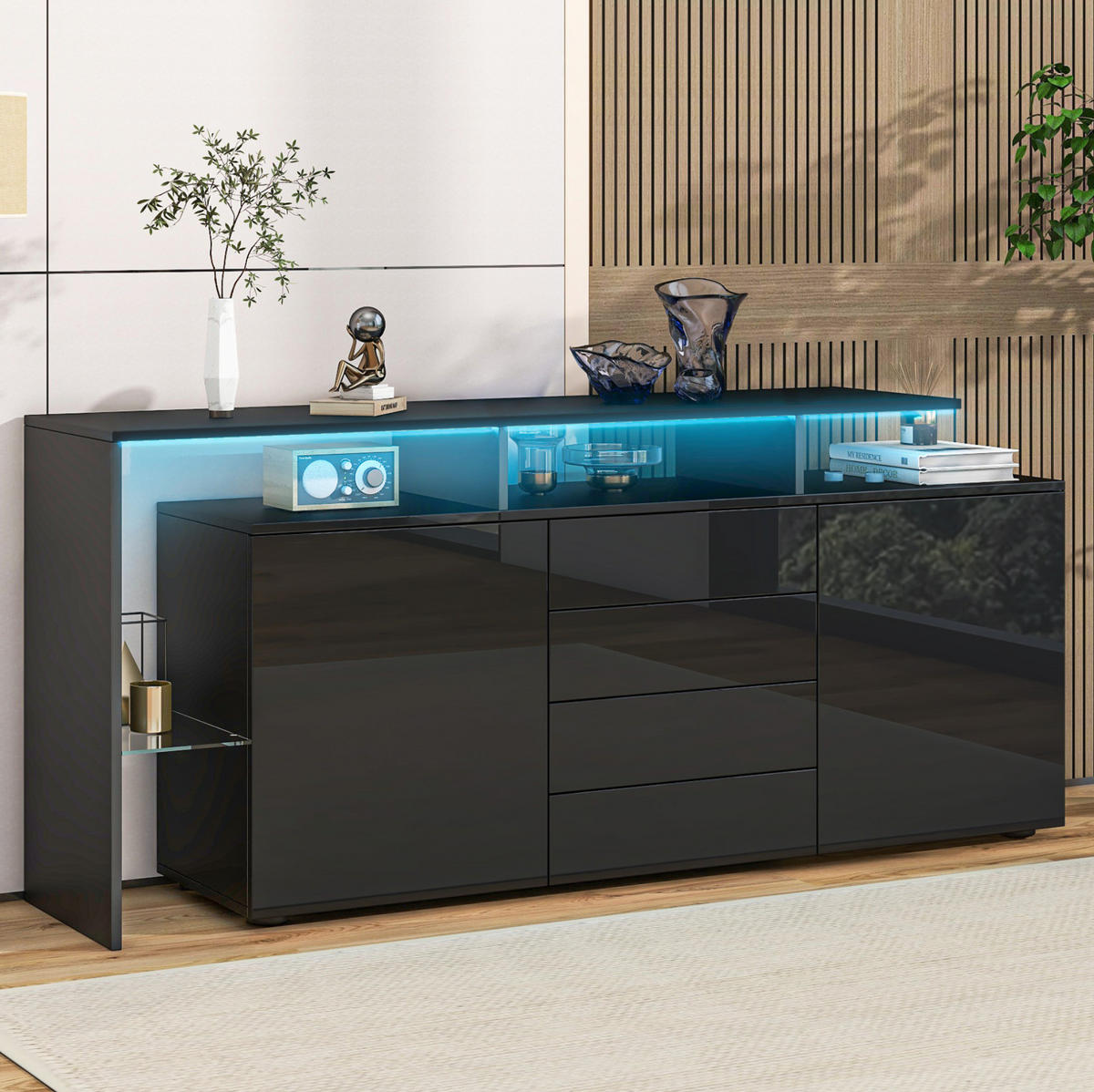SIDEBOARD mit LED 160 cm Schwarz Hochglanz - Schwarz, Holzwerkstoff (160/70/35cm) - Meubliv