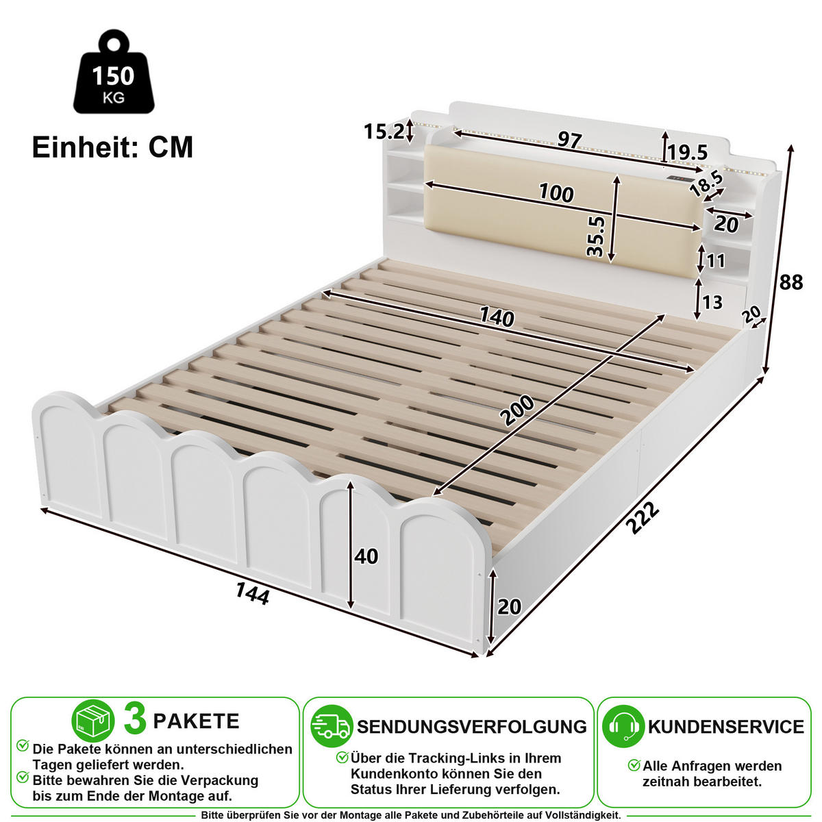 BETT 140/200 cm in Weiß mit Bettkasten, LED und USB - Weiß, Holzwerkstoff (140/200cm) - CHICFURN
