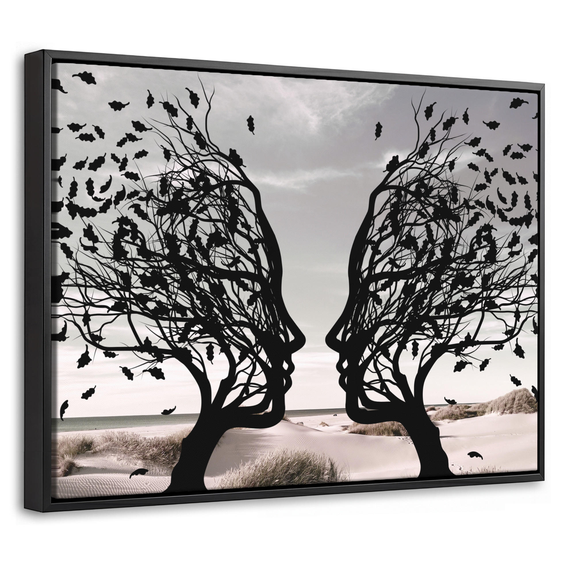 LEINWAND Bilder mit Rahmen - Strand - Meer - Menschen - Baum - Moderne Kunst - 40x30 - Hellgrau, Textil (40/30cm) - MuchoWow