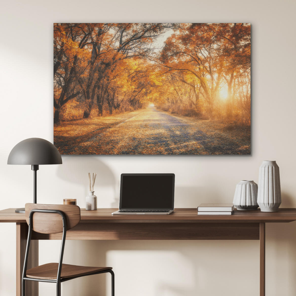AKUSTIKPANEEL Wald - Herbst - Bäume - Waldweg - Natur 100x70 cm - Bernsteinfarben, Textil (100/0.9/70cm) - MuchoWow