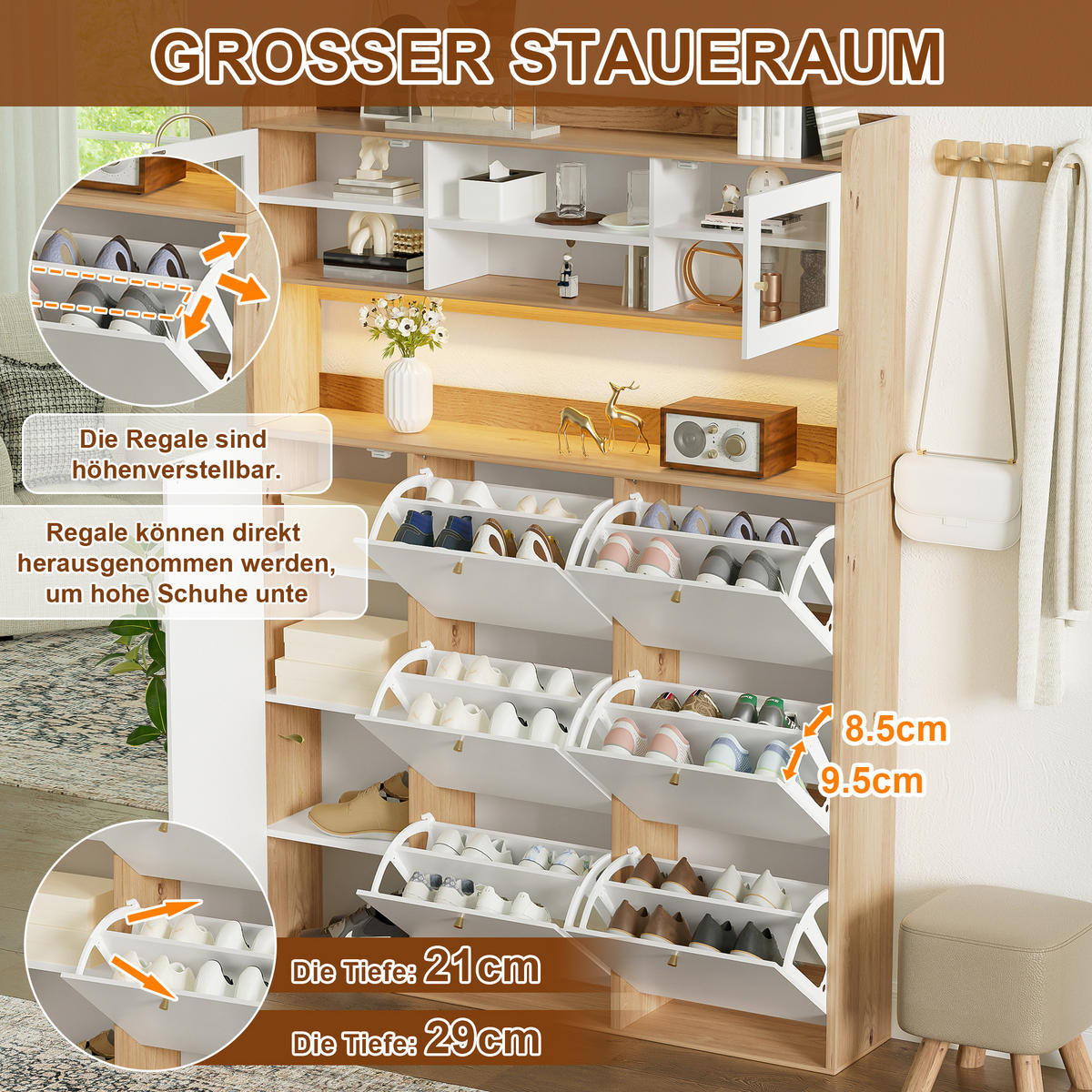 SCHUHSCHRANK 130x25x180cm mit Glas, LED und 6 Klappen - Weiß/Naturfarben, Holzwerkstoff (130/180/25cm) - FLIEKS