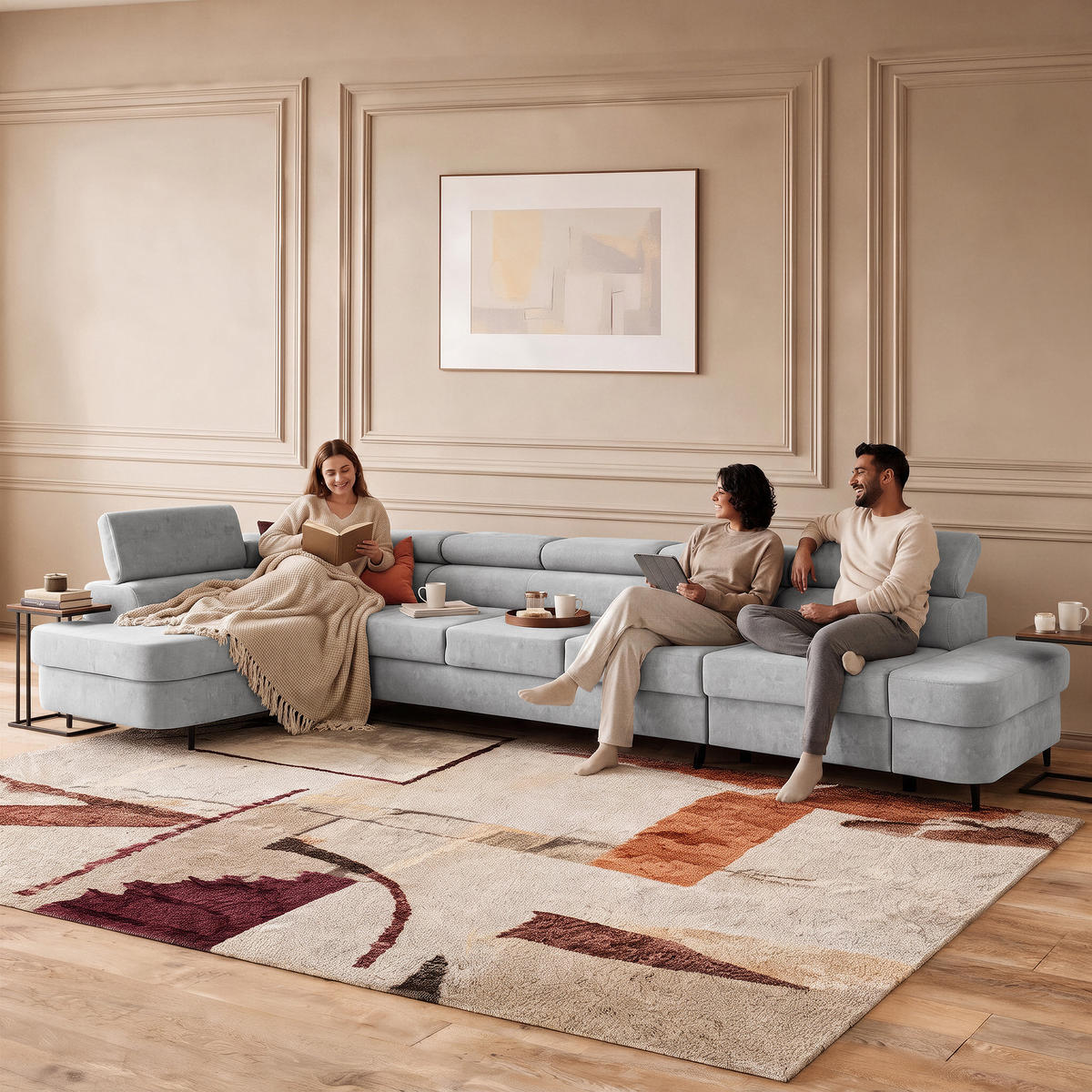ECKSOFA PRIAM XXL L-Form Links mit Schlaffunktion 125x265 Velours Hellgrau - Hellgrau/Schwarz, Holz/Textil (203/420cm) - Muffo