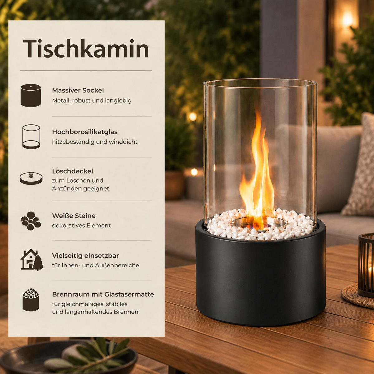 TISCHKAMIN Hylvar 16/14/26.9 cm - Schwarz, Glas/Metall (14/26.9/16cm) - ZMH