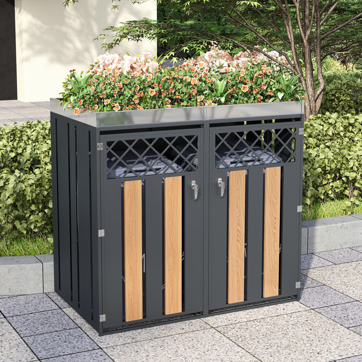 MÜLLTONNENBOX 2 Türen Pflanzfläche Lüftung abschließbar - Grau, Metall (132/124.5/80cm) - LEBENLANG