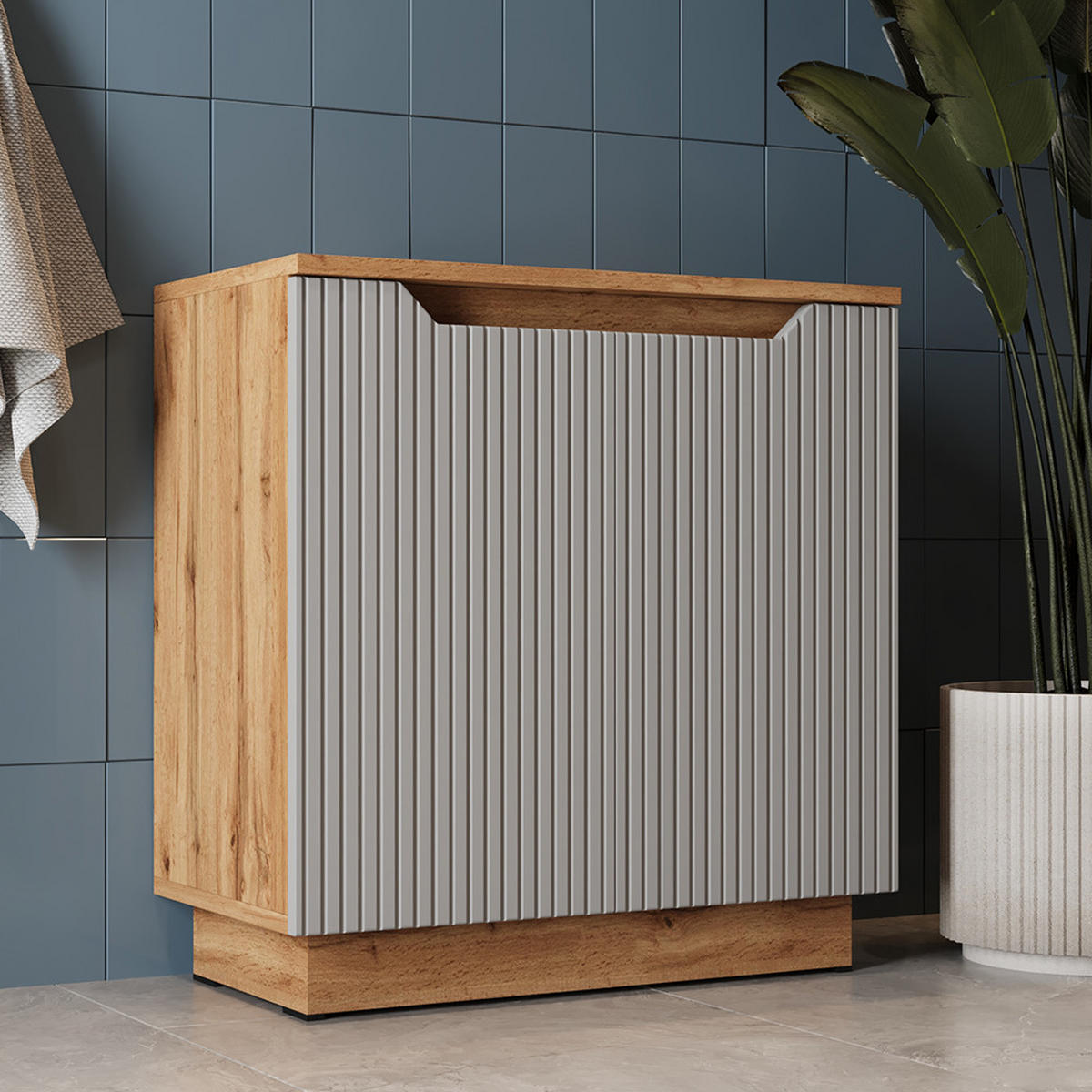 WASCHBECKENUNTERSCHRANK Lotta Eiche/grau gestreift 59.8 x 62.1 cm mit 2 Türen - Eichefarben/Grau, Holzwerkstoff (59.8/62.1/32cm) - Vicco