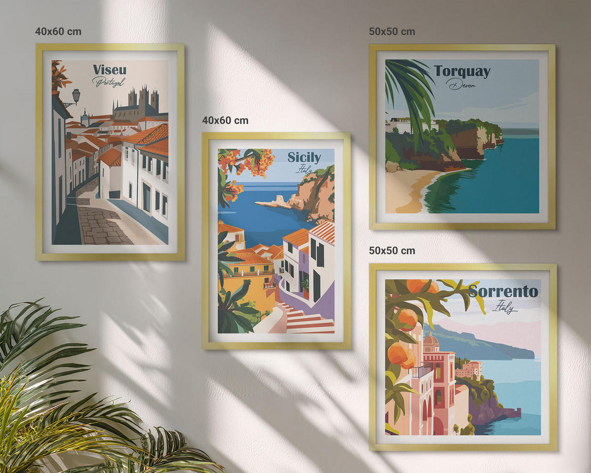 WANDBILDER 4er Set - 50x50 cm & 40x60 cm Goldrahmen - Retro-Illustrationen von Weltstädten - Goldfarben, Kunststoff (50/50cm) - ArtPrintCave