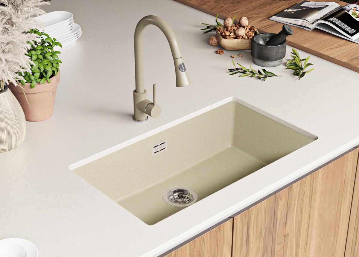 UNTERBAUSPÜLE GRANIT London, 2-er set Beige 76/47 cm 1 Becken + Ablauf-Set ab 80er Unterschrank - Chromfarben/Beige, Kunststoff (76/20/47cm) - Primagran