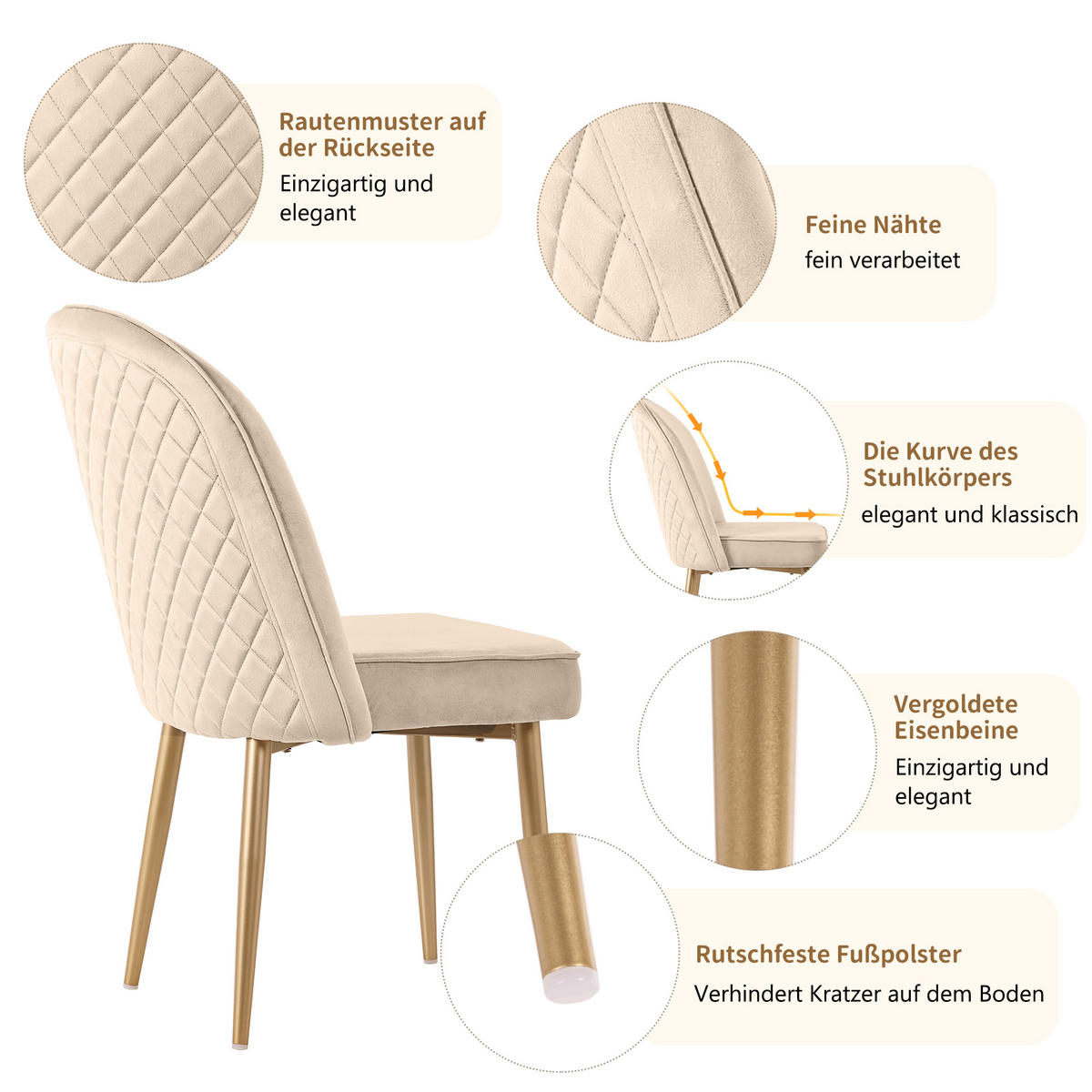 WOHNZIMMER STÜHLE mit Samtbezug Metallbeinen 6tlg Beige - Beige, Textil (45.5/87.5/62cm) - EVRYAE