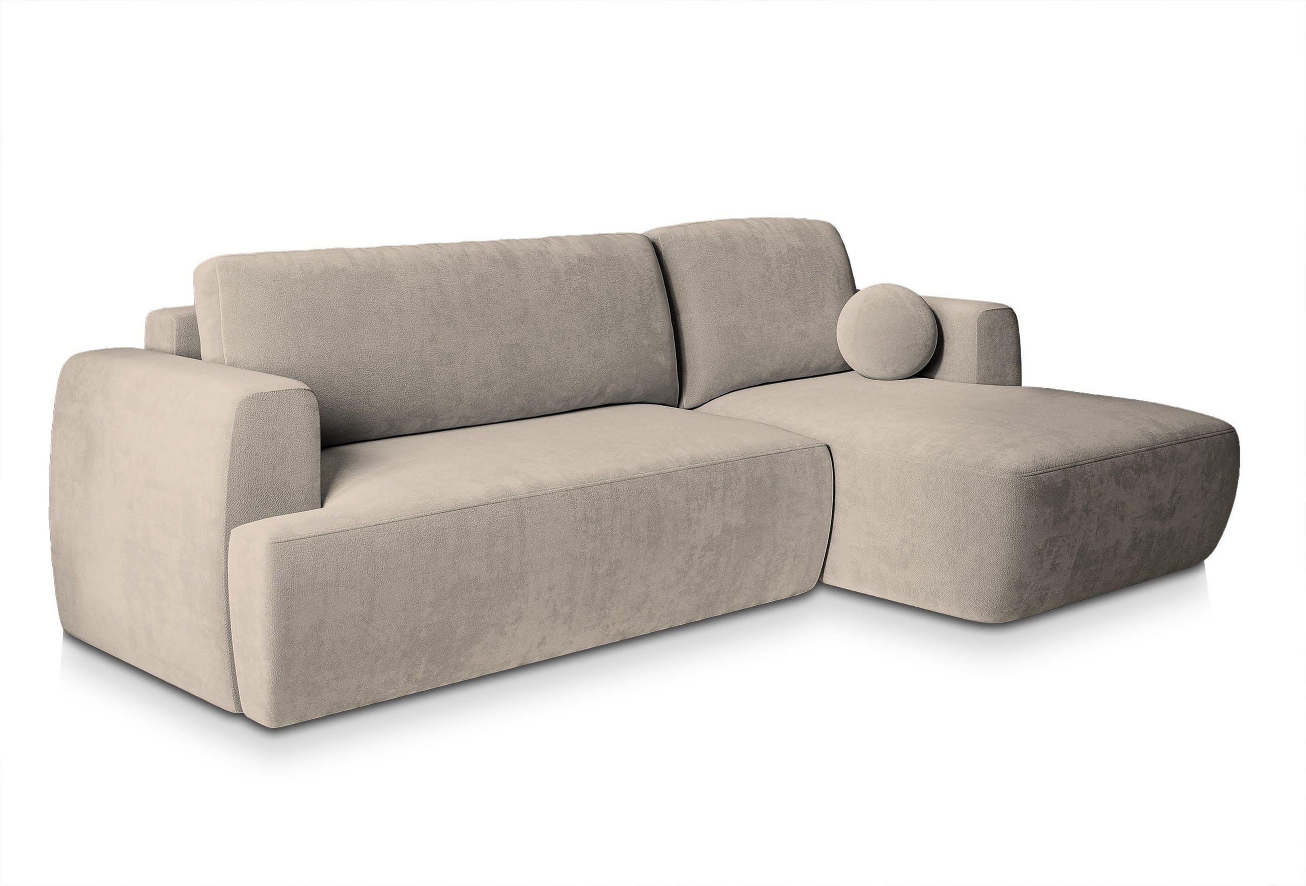ECKSOFA SENTI K R-S Beige Plüsch-Stoff mit Schlaffunktion - Beige, Holz (246/148cm) - MASSENO