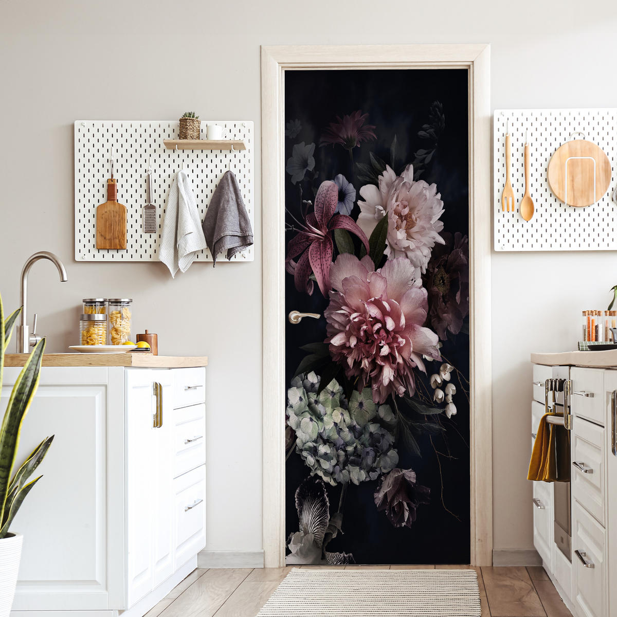 TÜRAUFKLEBER Blumen - Vintage - Pastell - Rosa - Weiß 85x215 cm - Türtapete - Altrosa, Kunststoff (85/0.1cm) - MuchoWow