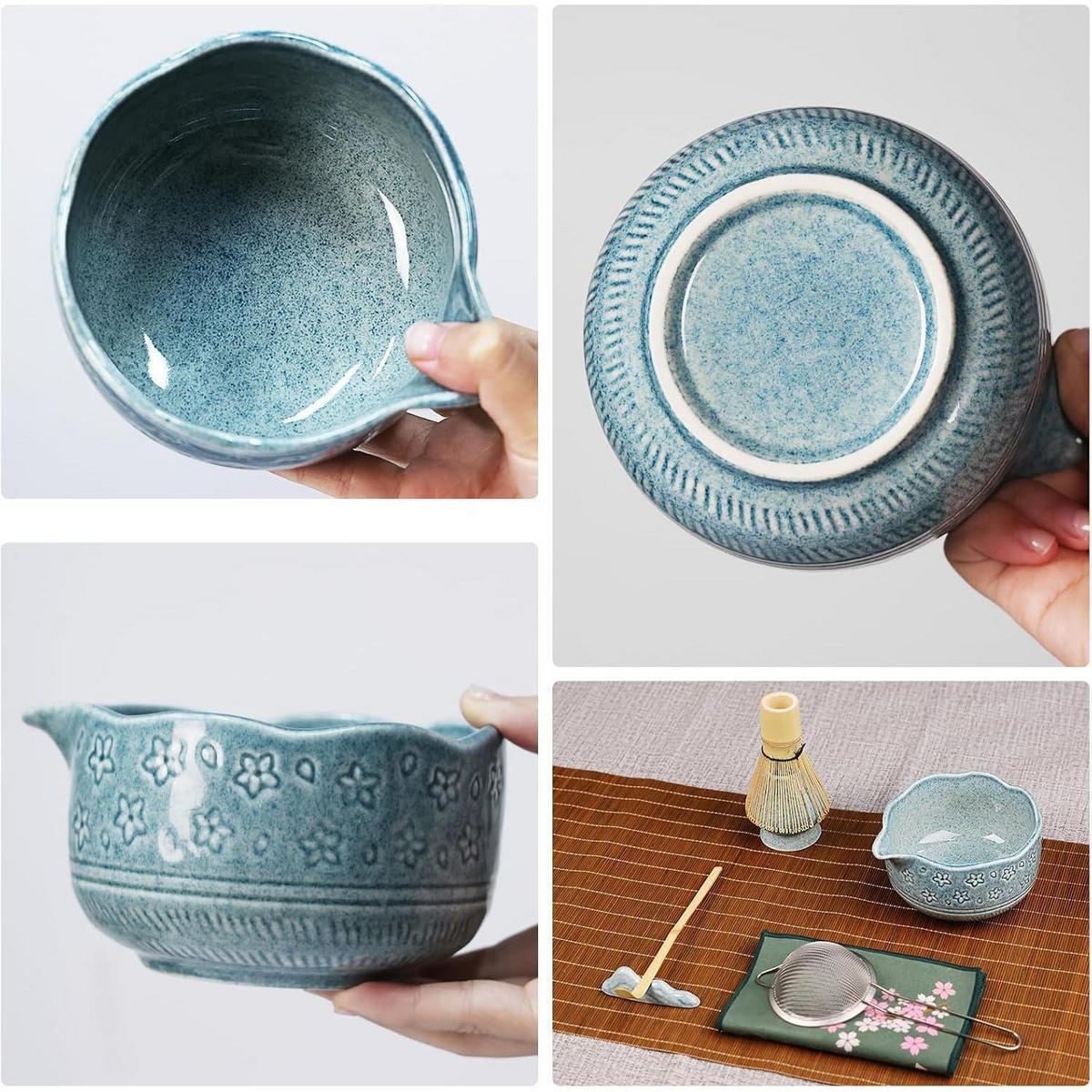 MATCHA Set 7-teiliges traditionelles Tee-Set mit Bambusbesen und Schale - Dunkelblau, Keramik (15/10/15cm)