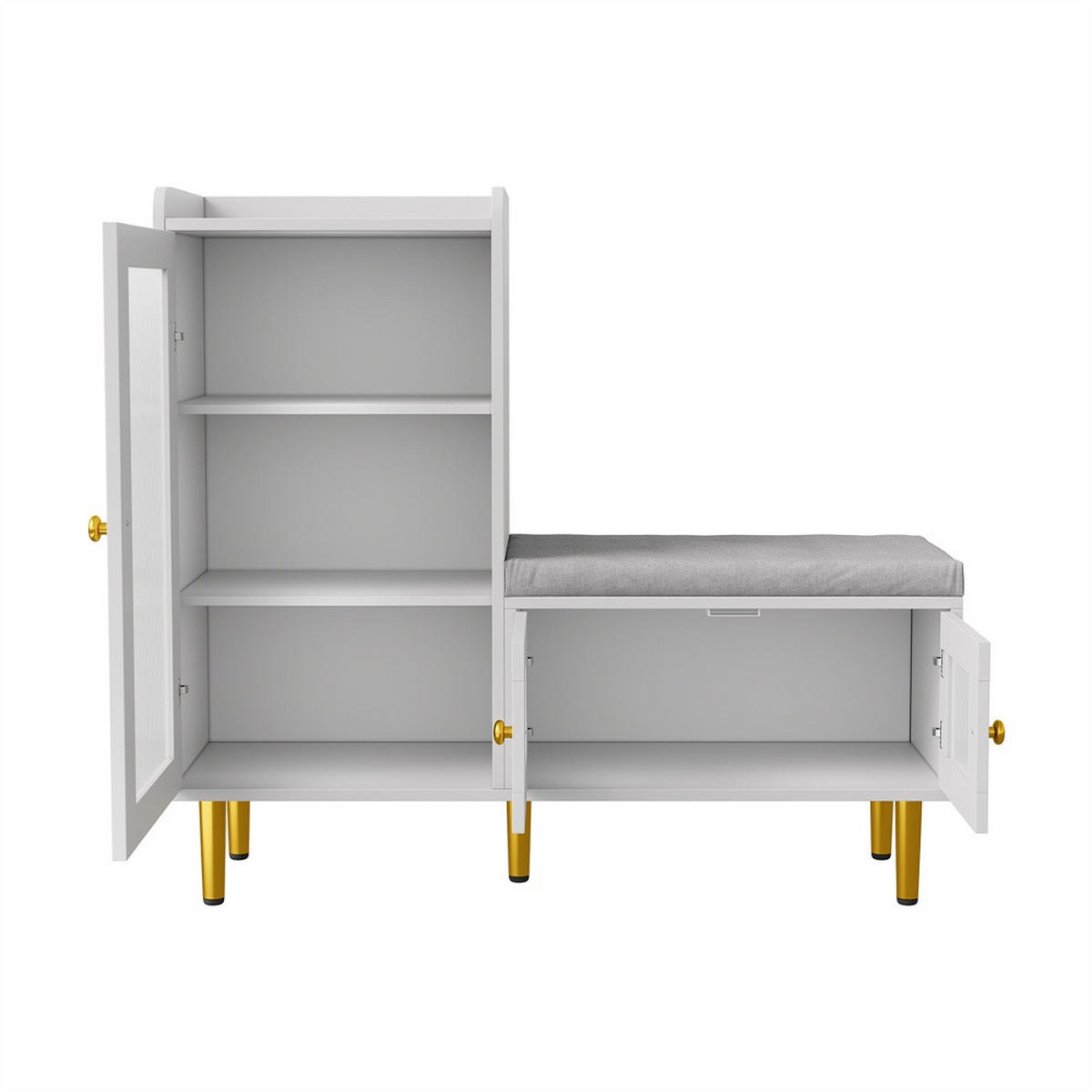 SCHUHSCHRANK mit integrierter Sitzbank - Mehrzweck-Schuhschrank mit geriffelten Glastüren und Sitzkissen - Weiß und Gold - Weiß, Holzwerkstoff (35/69.5/100cm) - DELFA