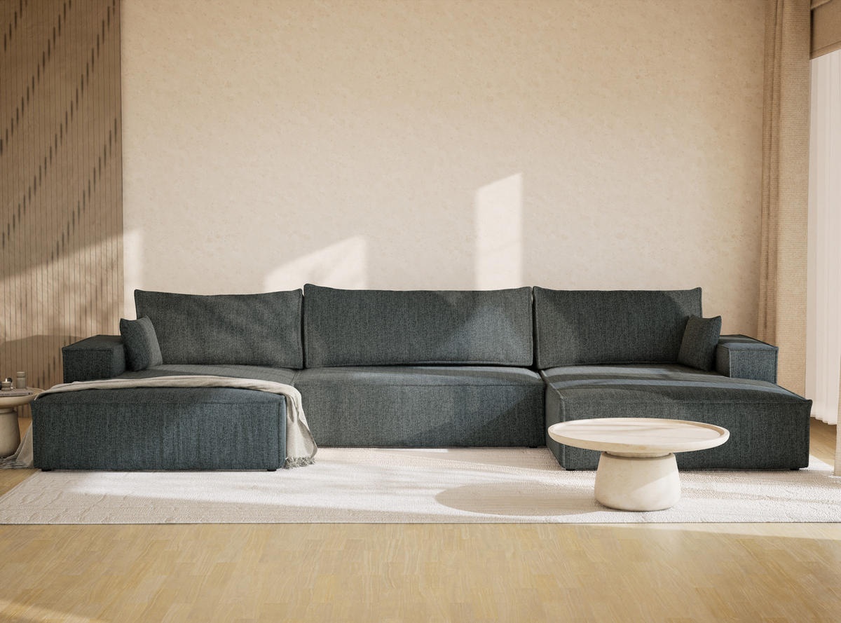 WOHNLANDSCHAFT Kyoto Blau Webstoff - Blau/Schwarz, Holz/Holzwerkstoff (398/70/148cm) - Maison de Reve