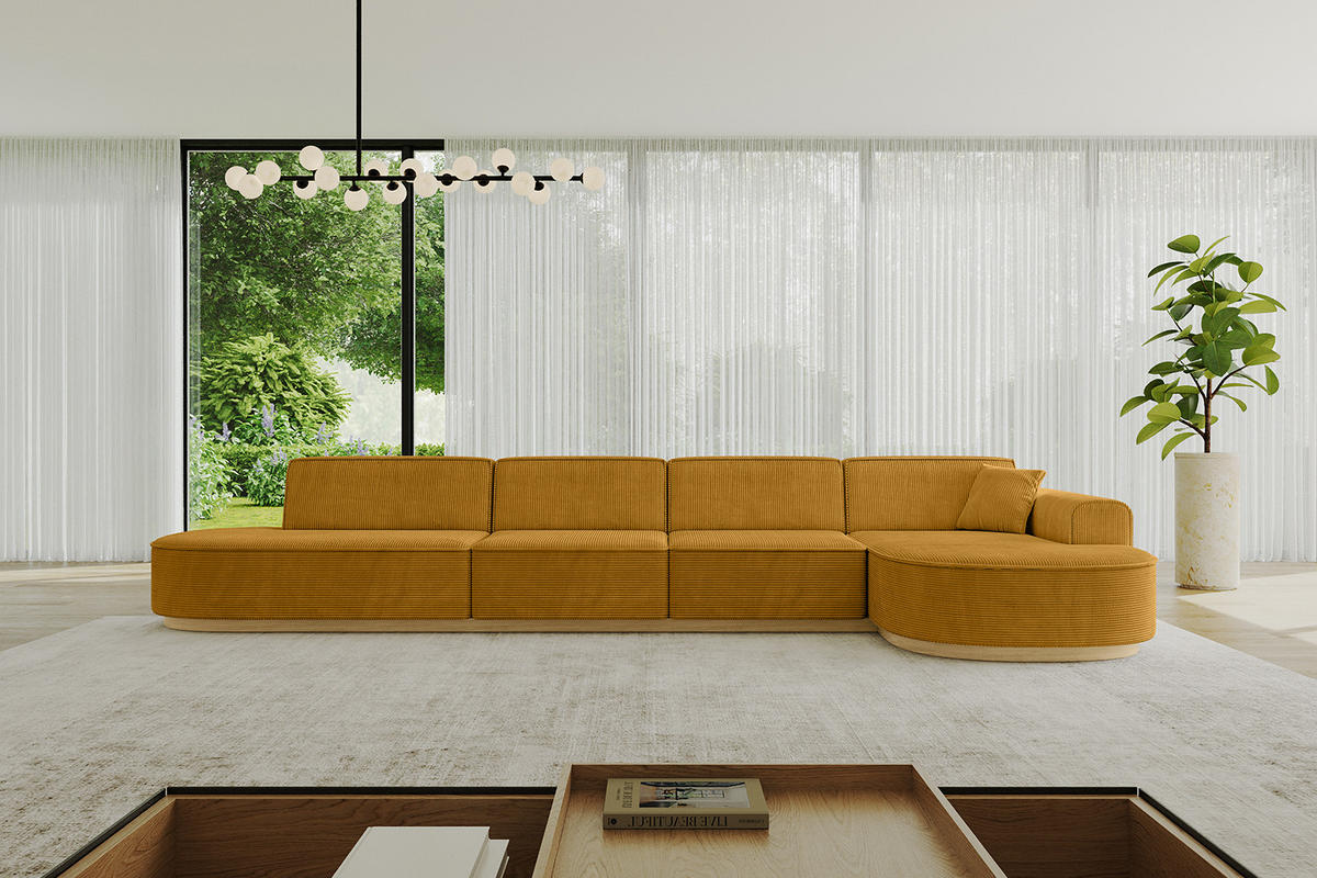 ECKSOFA Ottomane Rechts MARI-L3-v2 - 413x171x83 cm Senfgelb Cord - Gelb, Holzwerkstoff/Textil (171/413cm) - ALTDECOR