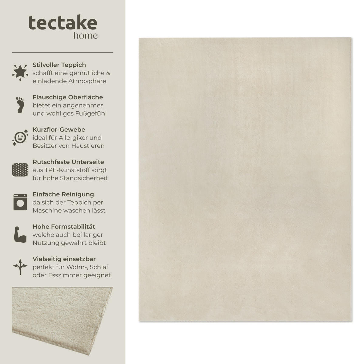 KURZFLORTEPPICH Soft Zone,rutschfeste Unterseite,beige - Beige, Kunststoff (200/140cm) - tectake