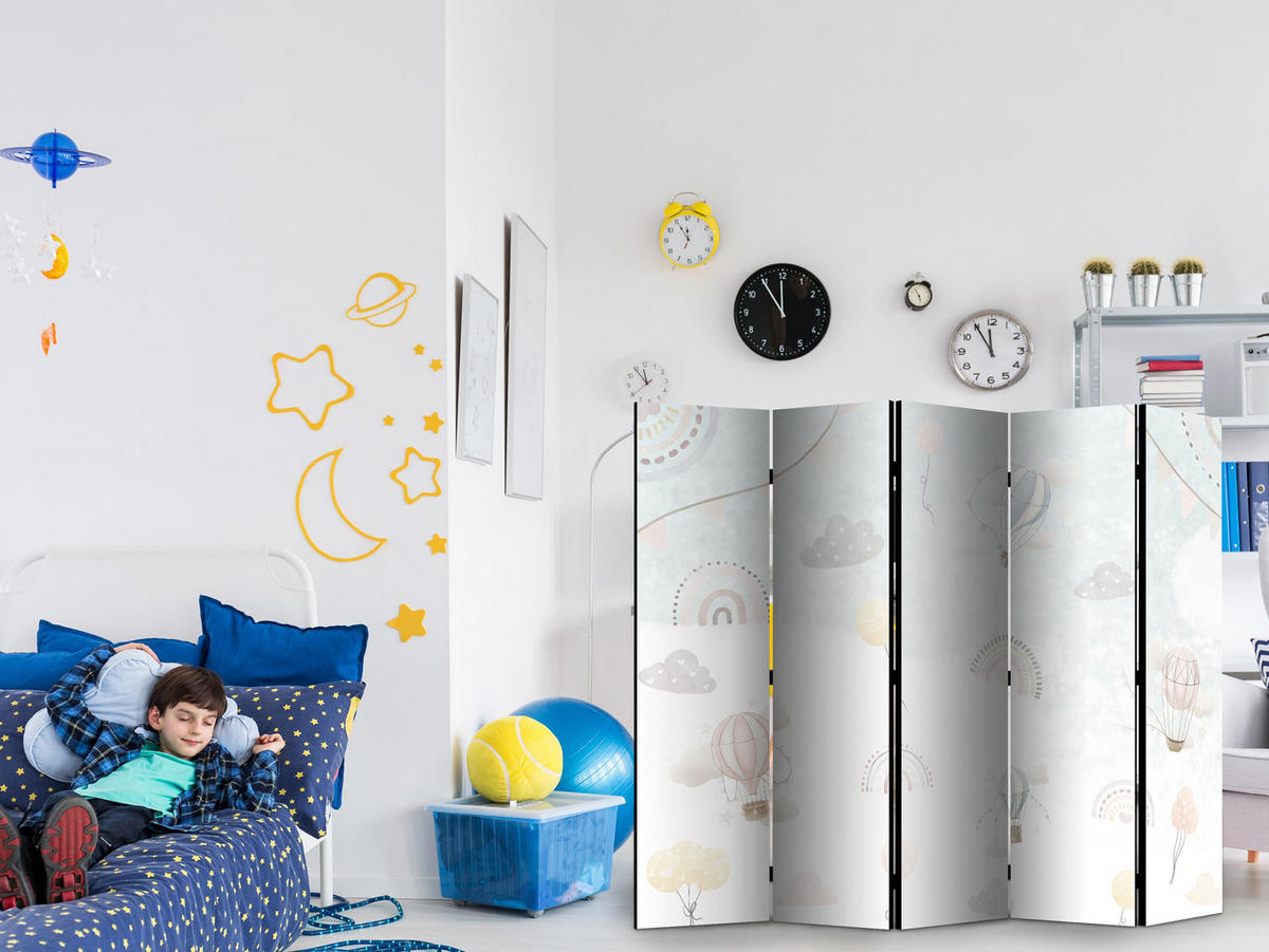 PARAVENT Einseitig Bedruckter 5-tlg 225x172 cm Regenbogen Ballons Wolken - Blau, Holz/Textil (225/172/3cm) - Muralo